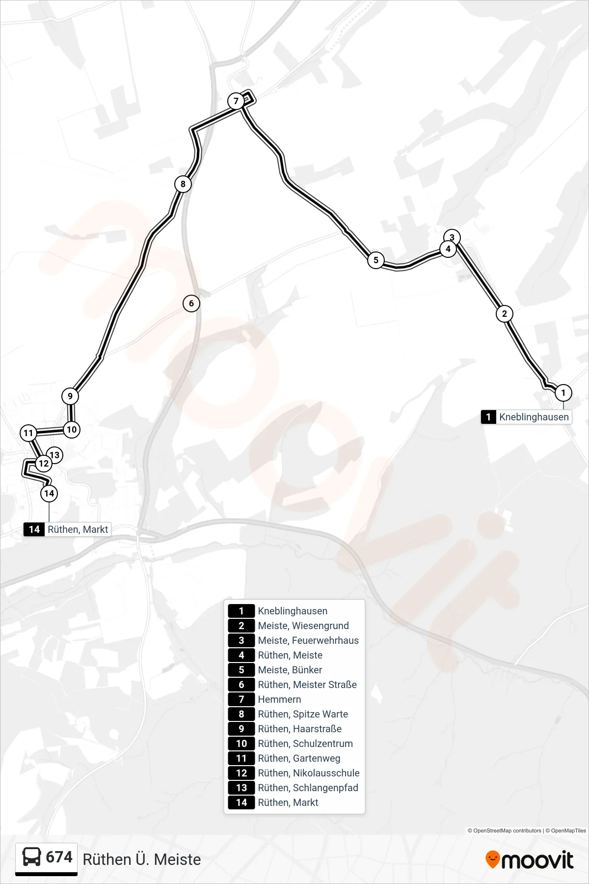 674 bus Line (Rüthen Ü. Meiste) route and stops on a map