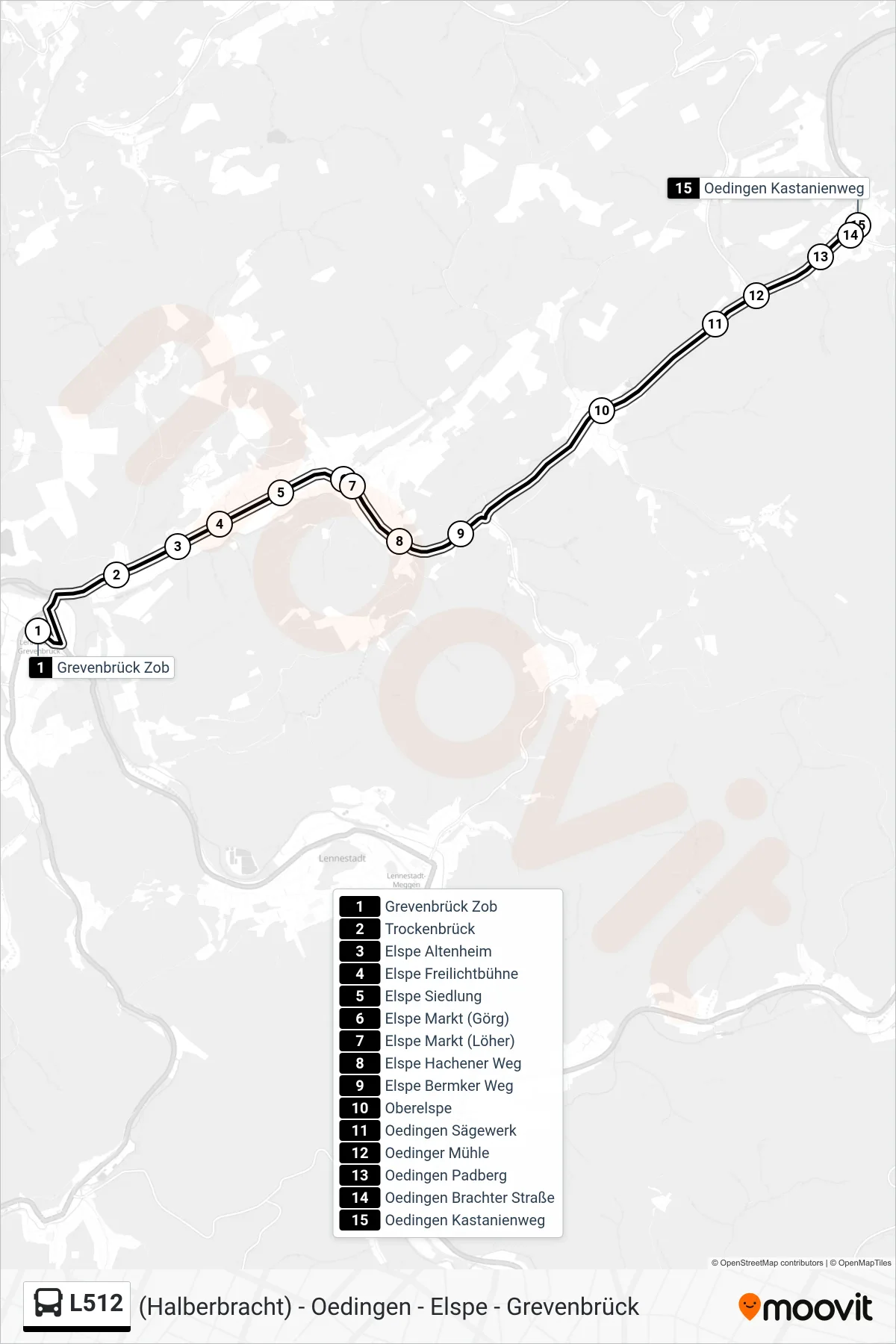 L512 bus Line (Oedingen Kastanienweg) route and stops on a map