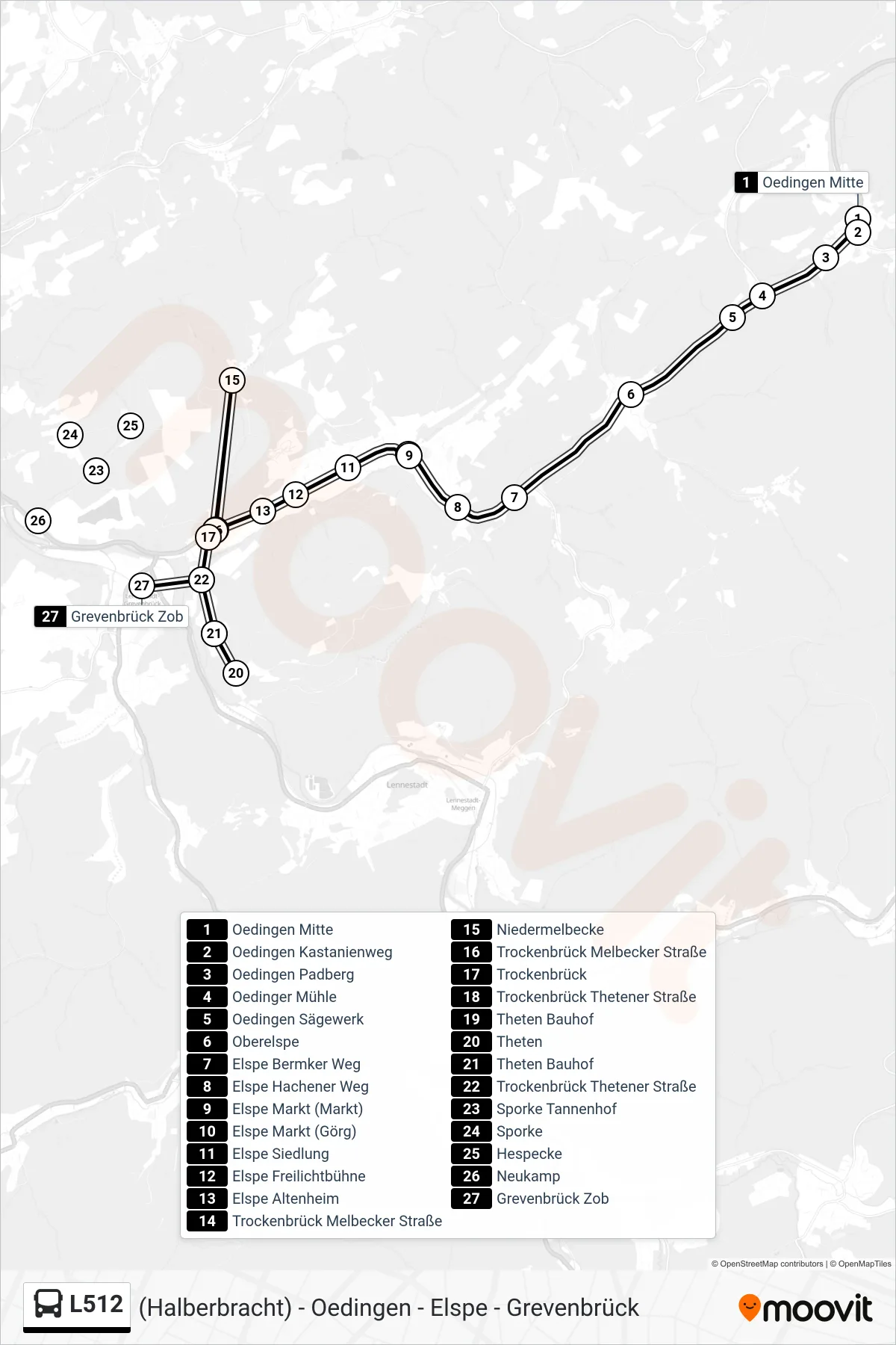 L512 bus Line (Grevenbrück Zob Bstg 1a) route and stops on a map