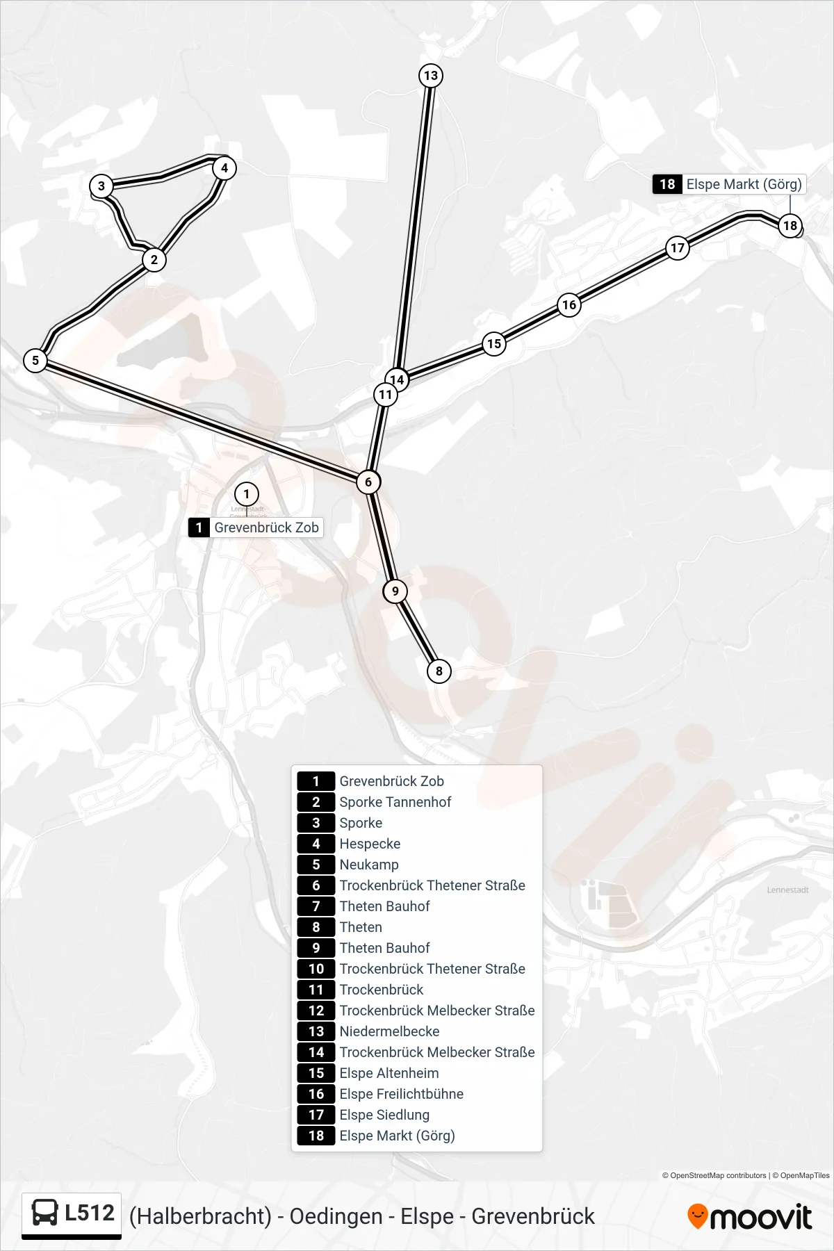 L512 bus Line (Elspe Markt (Görg)) route and stops on a map