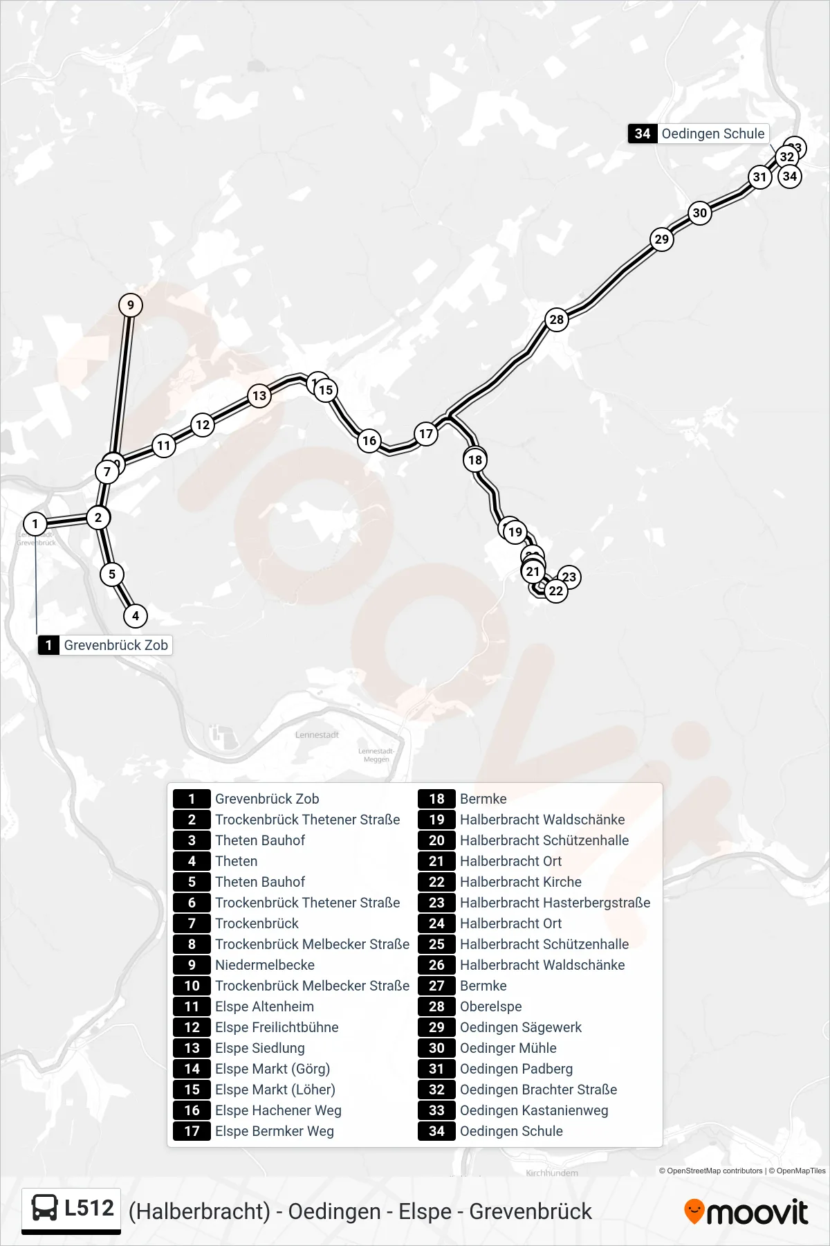 L512 bus Line (Oedingen Schule) route and stops on a map