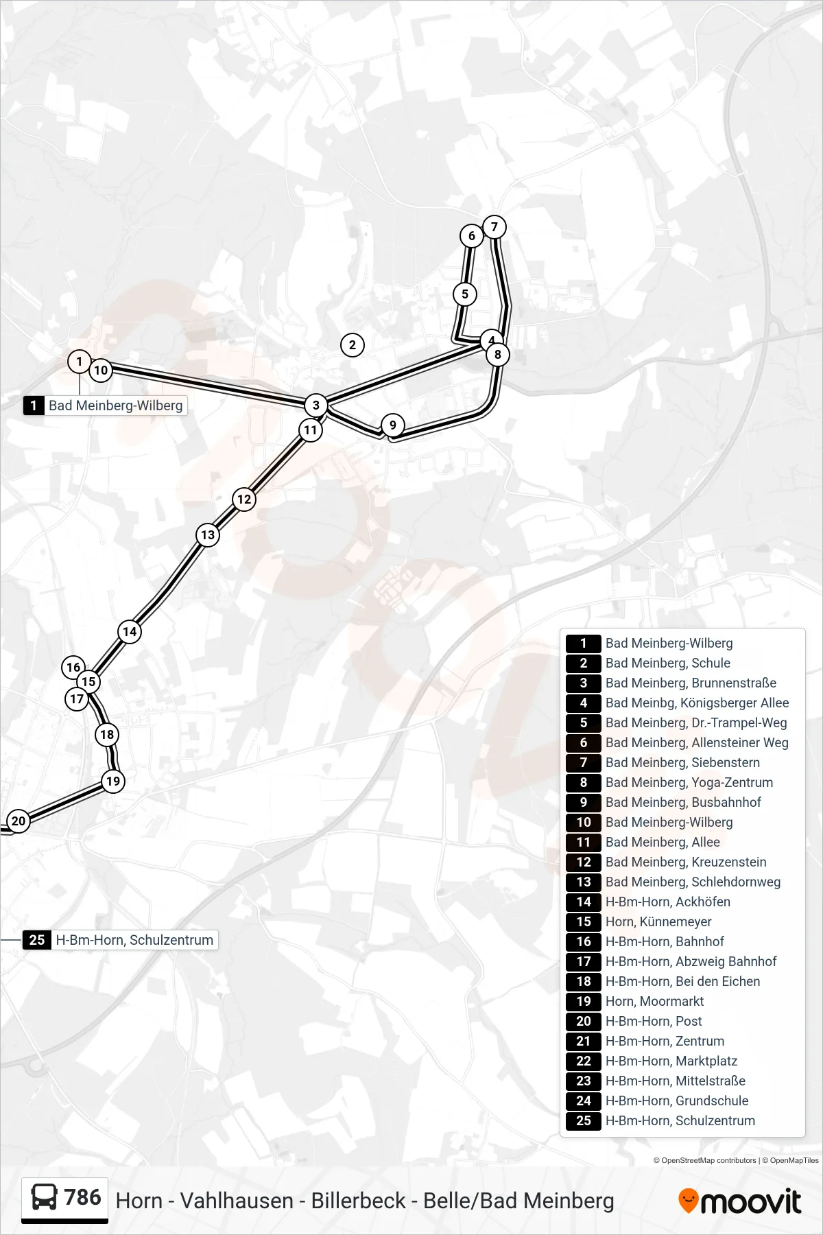 786 bus Line (Horn) route and stops on a map