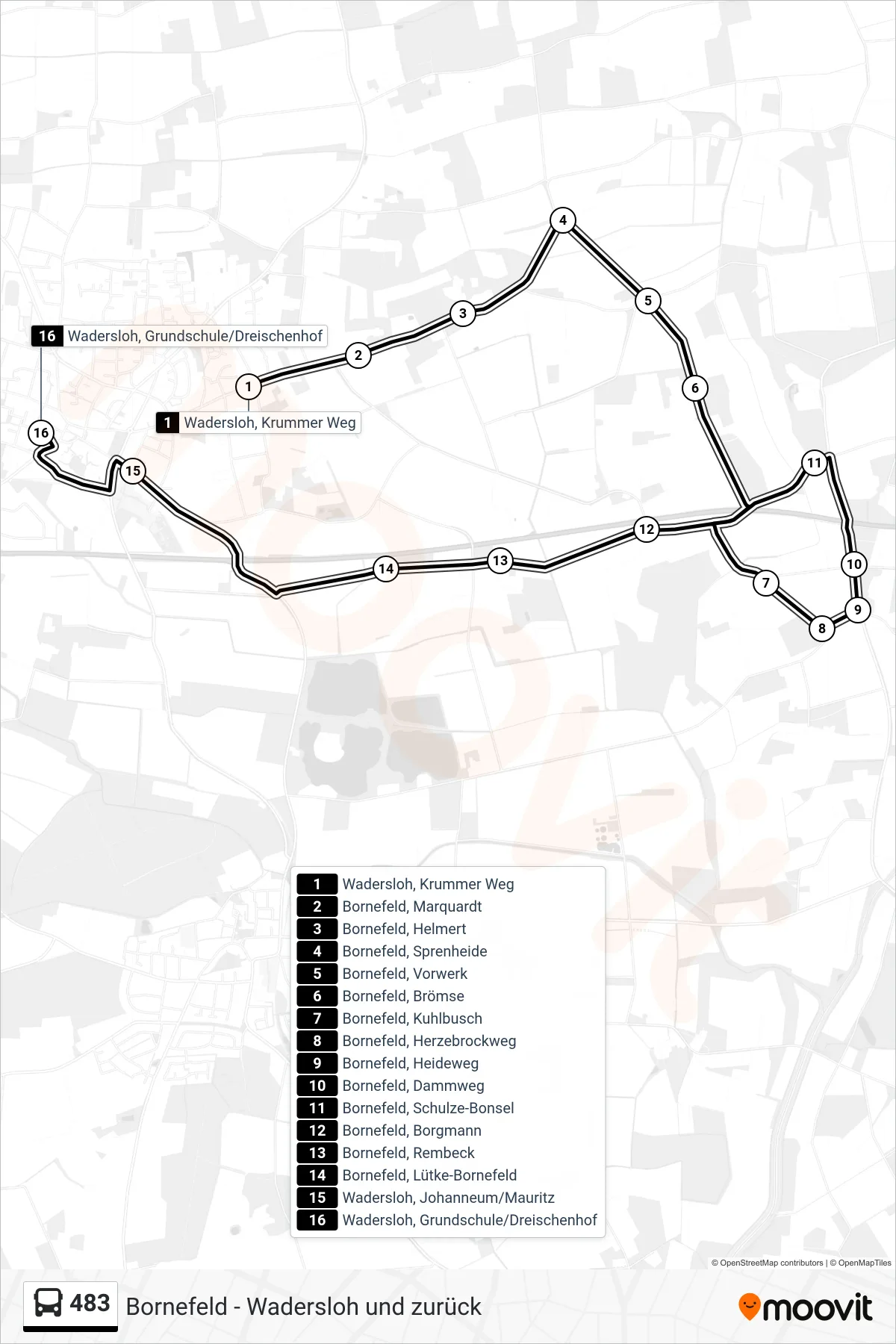 483 bus Line (Wadersloh, Grundschule/Dreischenhof) route and stops on a map