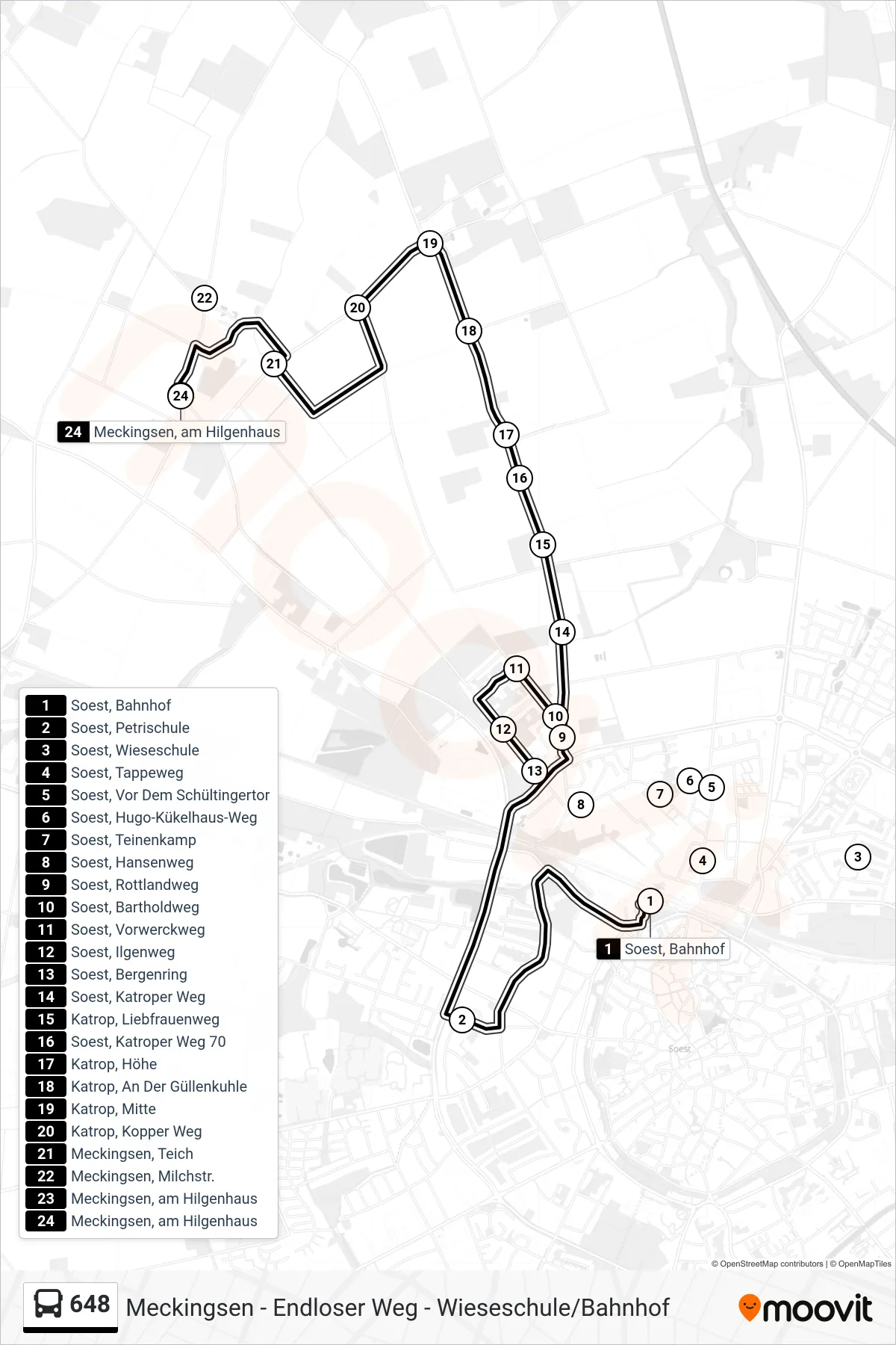 Linie 648 (Bus) Richtung Meckingsen, am Hilgenhaus: Route und Haltestellen auf der Karte