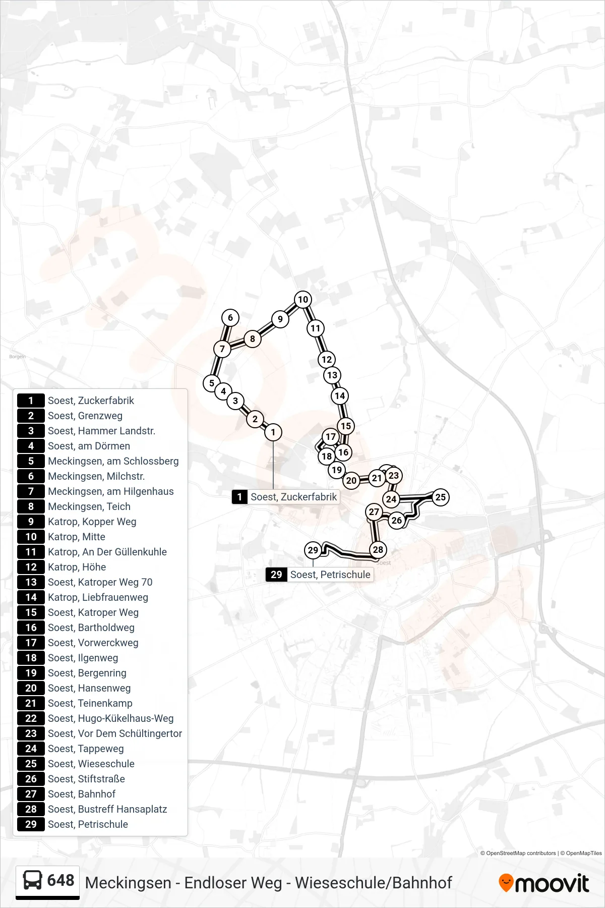 Linie 648 (Bus) Richtung Soest, Petrischule: Route und Haltestellen auf der Karte