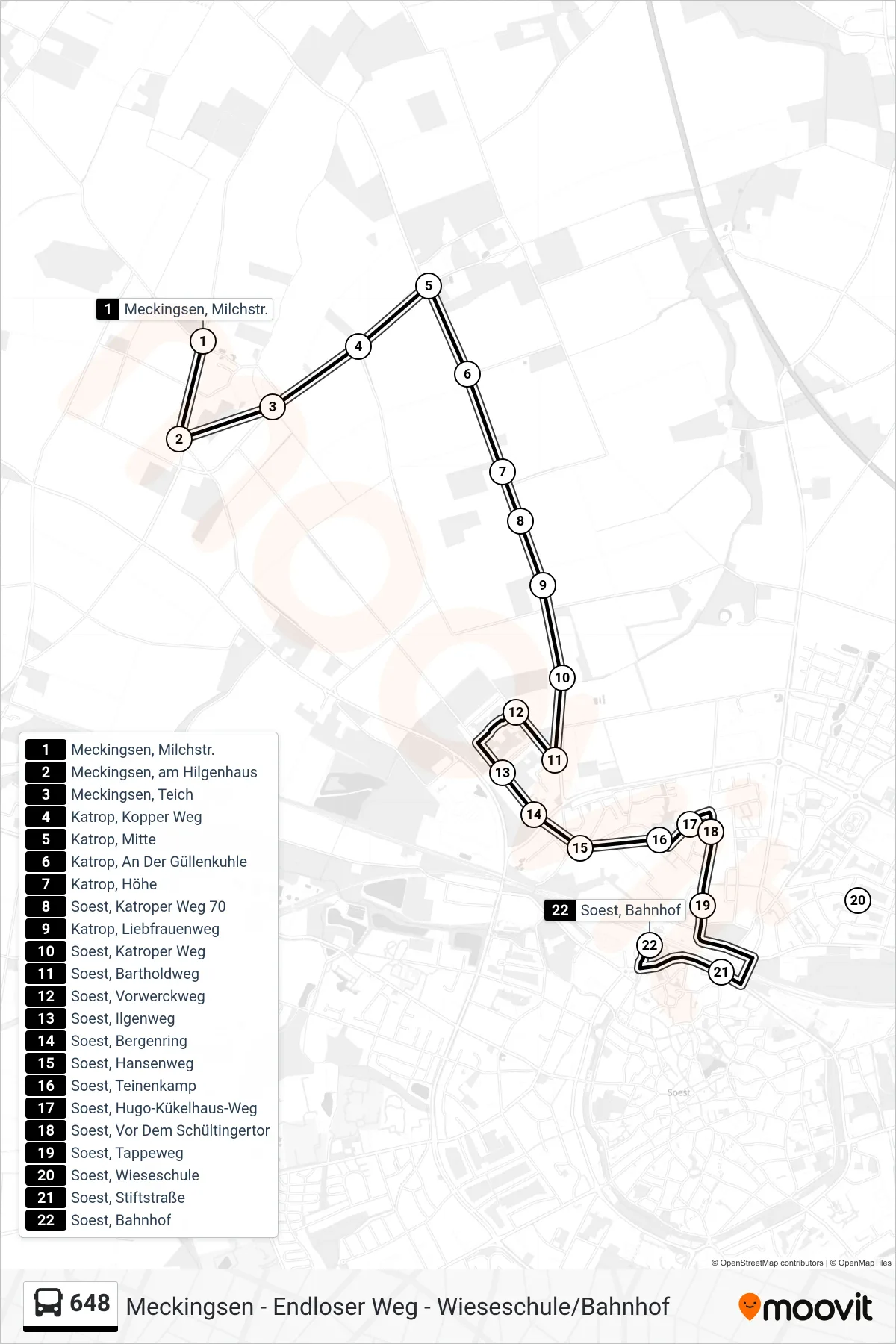 648 bus Line (Soest, Bahnhof A) route and stops on a map