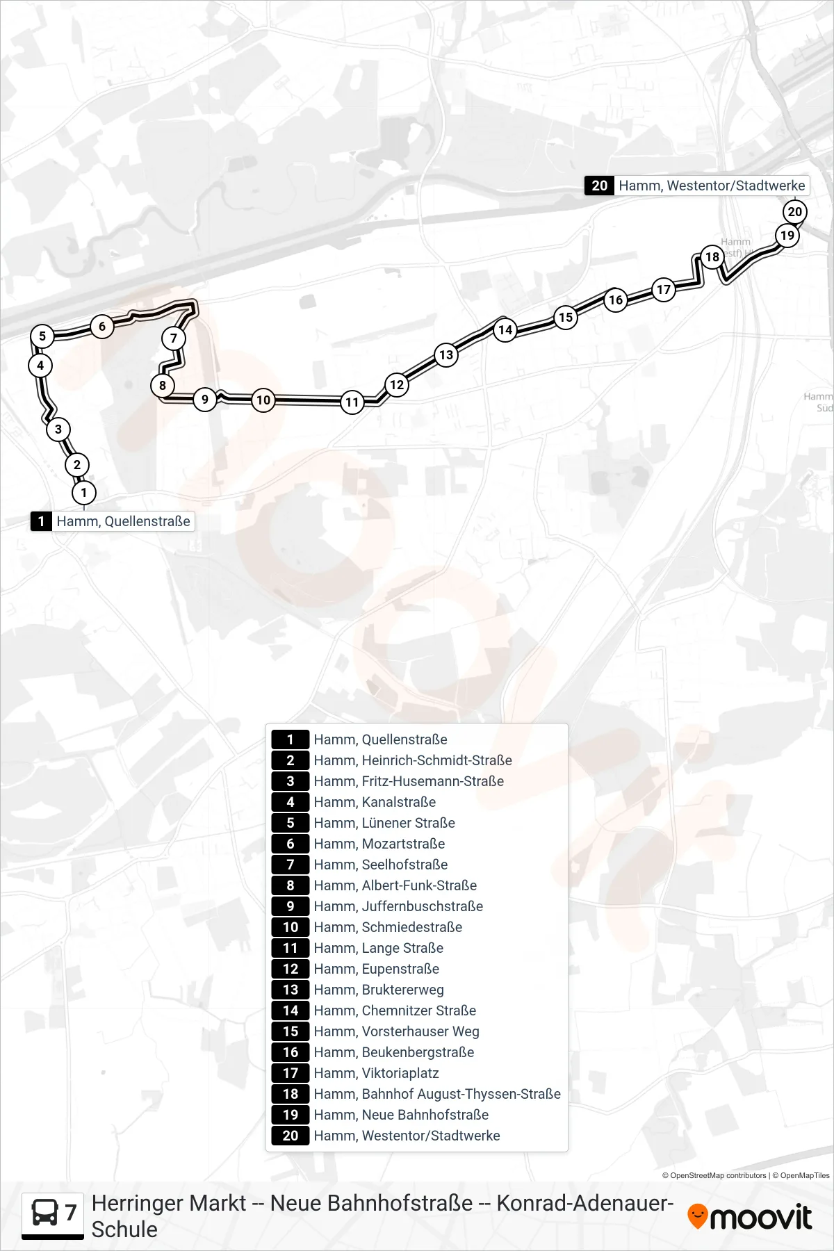 Linie 7 (Bus) Richtung Hamm, Westentor/Stadtwerke: Route und Haltestellen auf der Karte