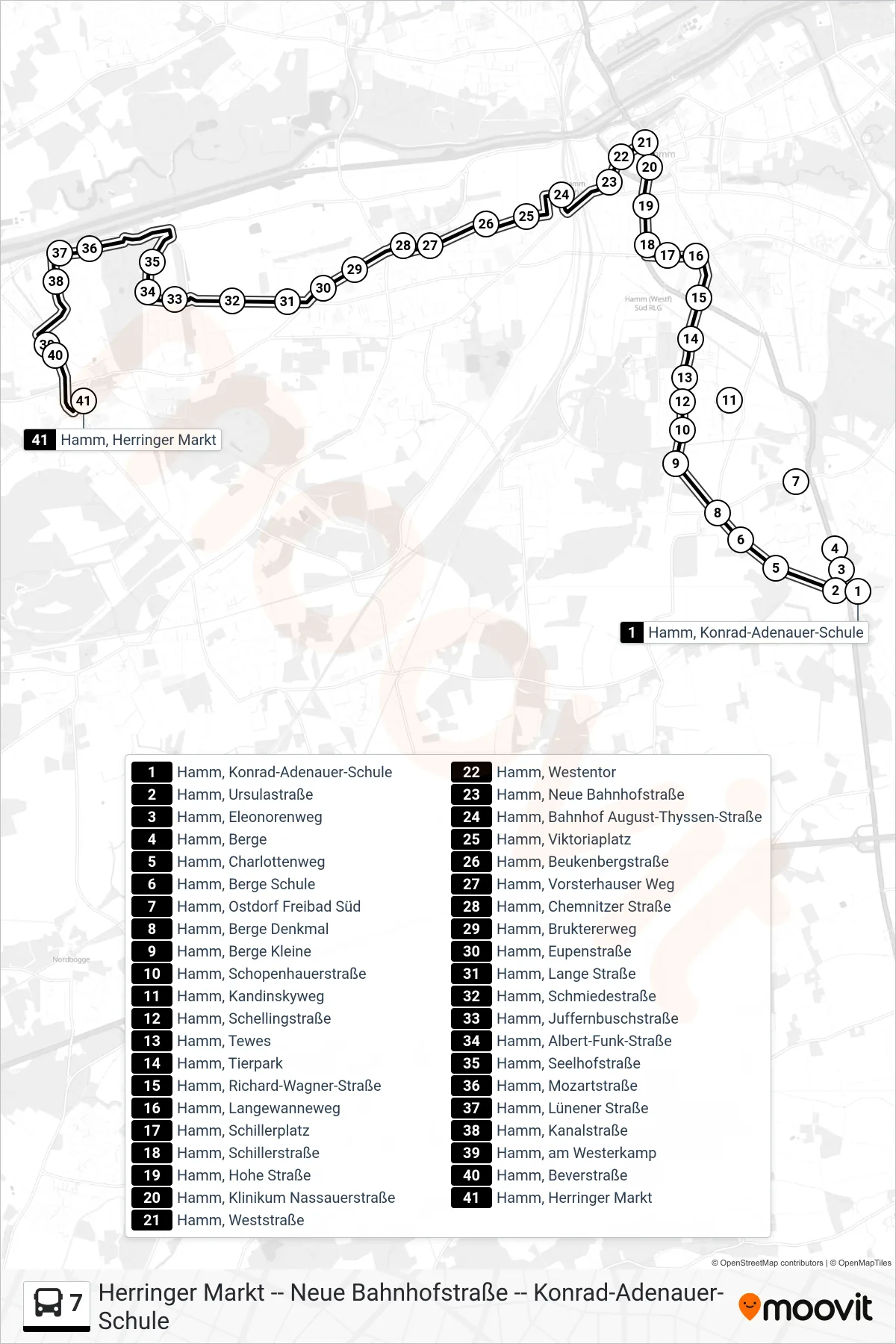 7 bus Line (Hamm, Herringer Markt) route and stops on a map