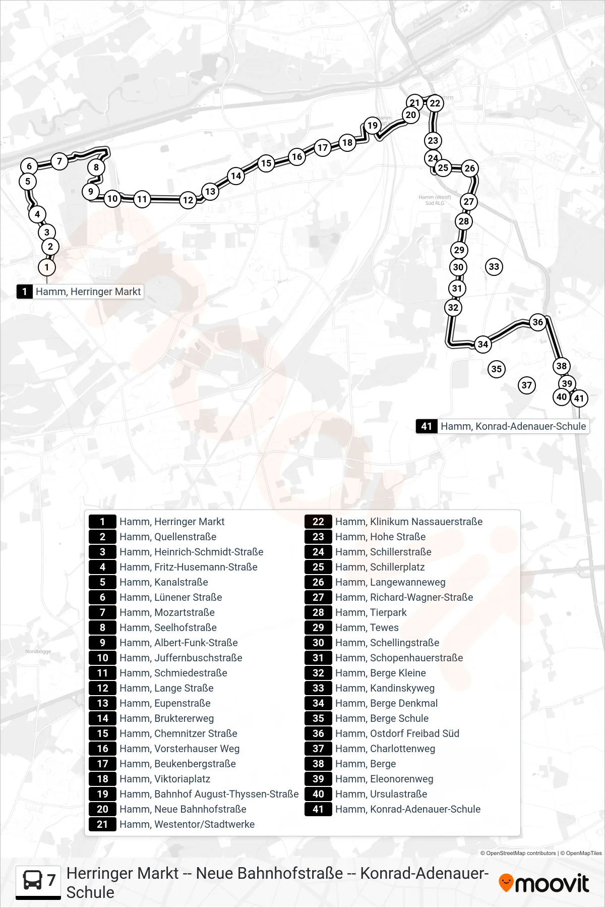 7 bus Line (Hamm, Konrad-Adenauer-Schule) route and stops on a map