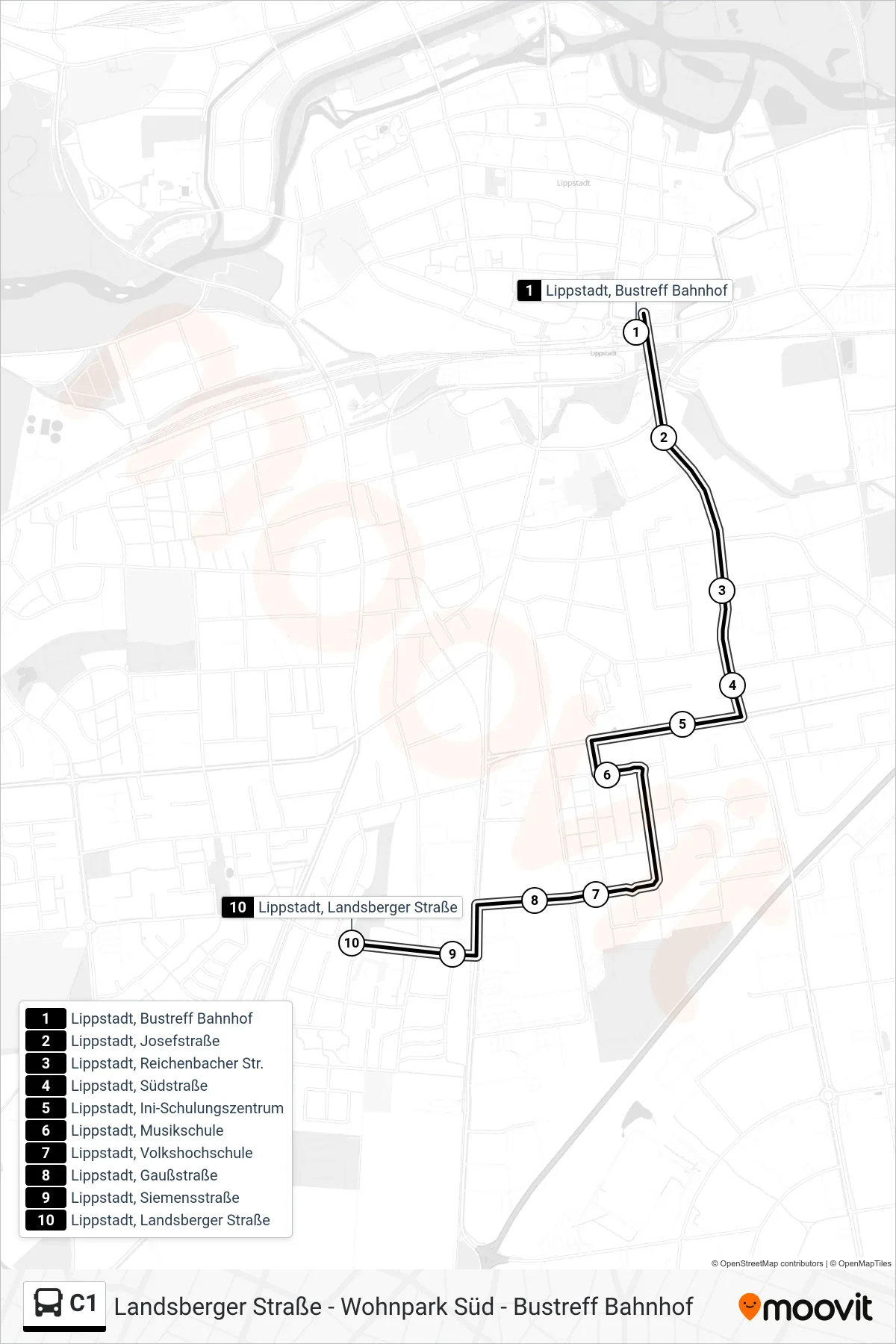 Linie C1 (Bus) Richtung Lippstadt, Landsberger Straße: Route und Haltestellen auf der Karte