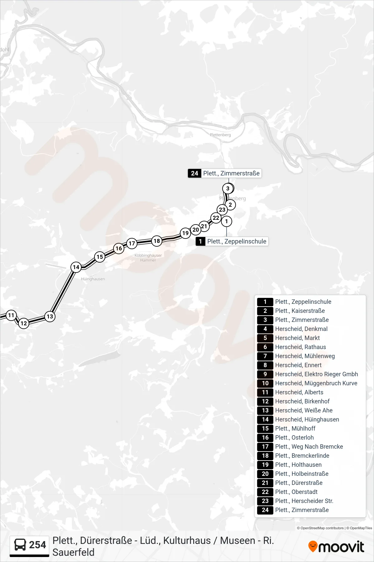 254 bus Line (Plett., Zimmerstraße) route and stops on a map