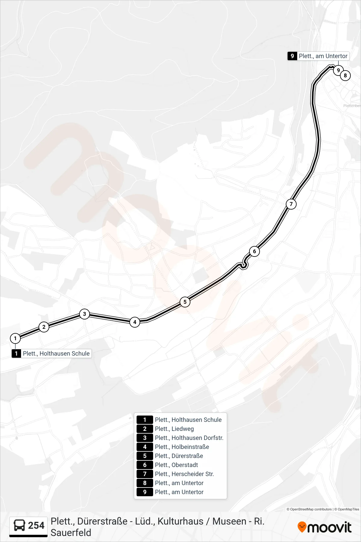 254 bus Line (Plett., am Untertor) route and stops on a map
