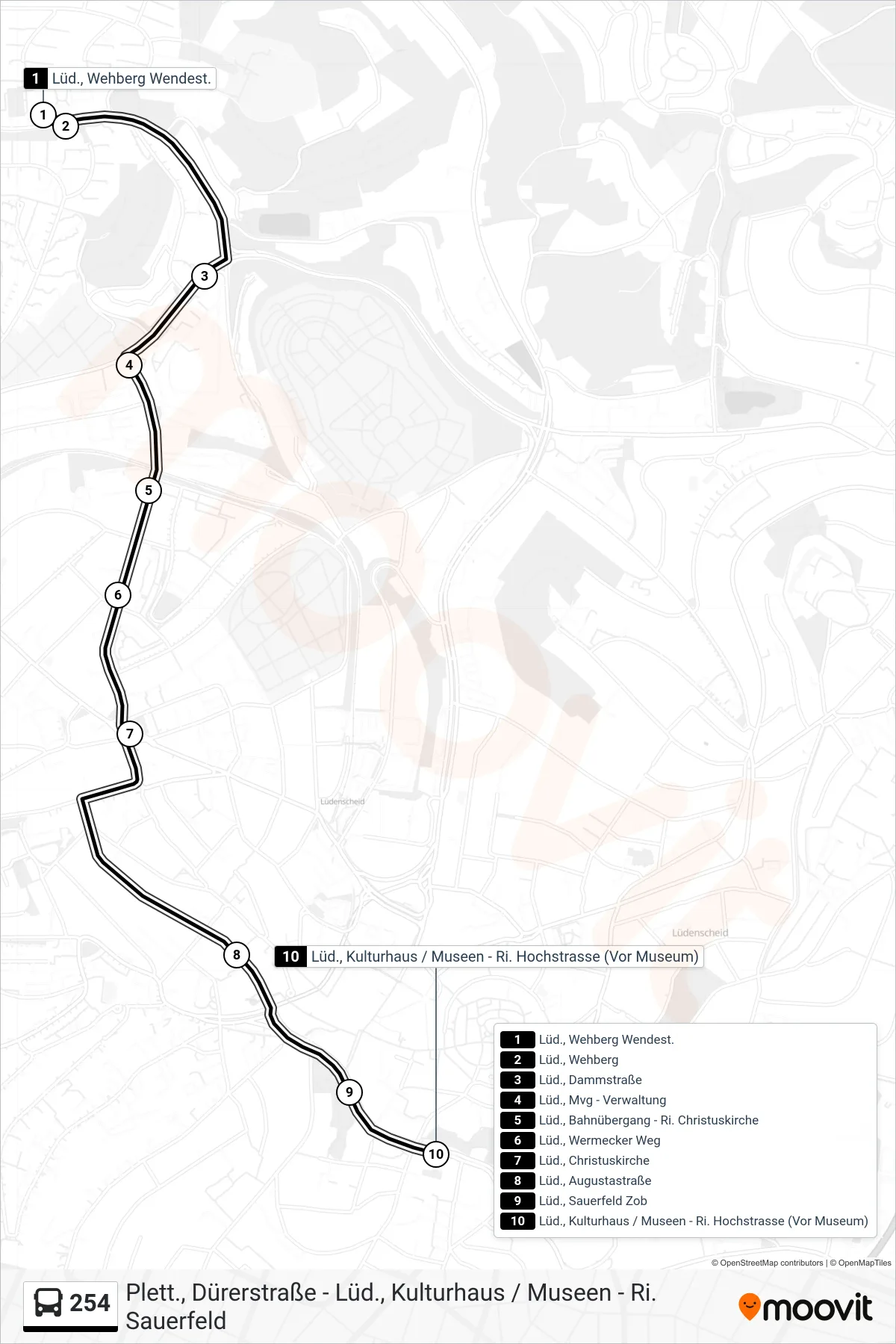 254 bus Line (Lüd., Kulturhaus / Museen - Ri. Hochstrasse (Vor Museum)) route and stops on a map