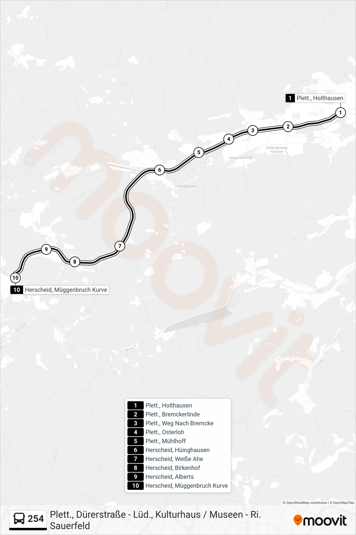 254 bus Line (Herscheid, Müggenbruch Kurve) route and stops on a map