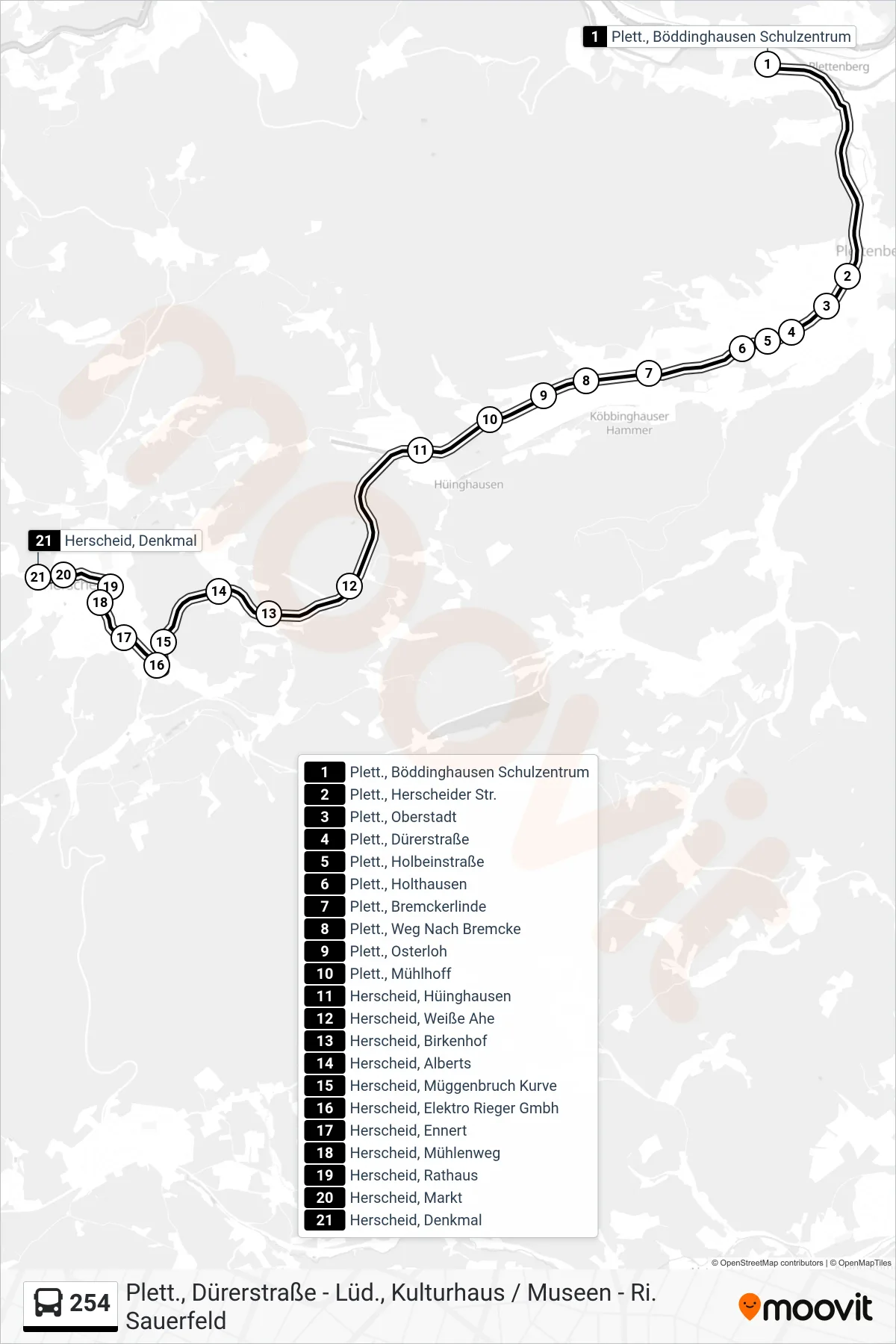 254 bus Line (Herscheid, Denkmal) route and stops on a map