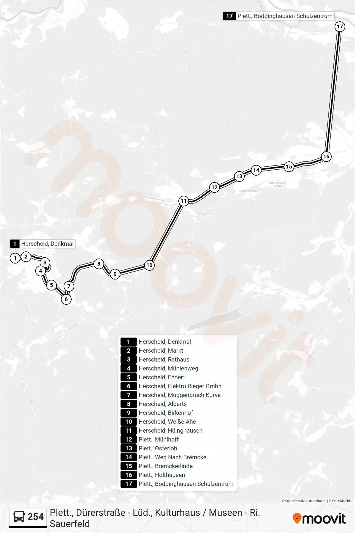 254 bus Line (Plett., Böddinghausen Schulzentrum) route and stops on a map