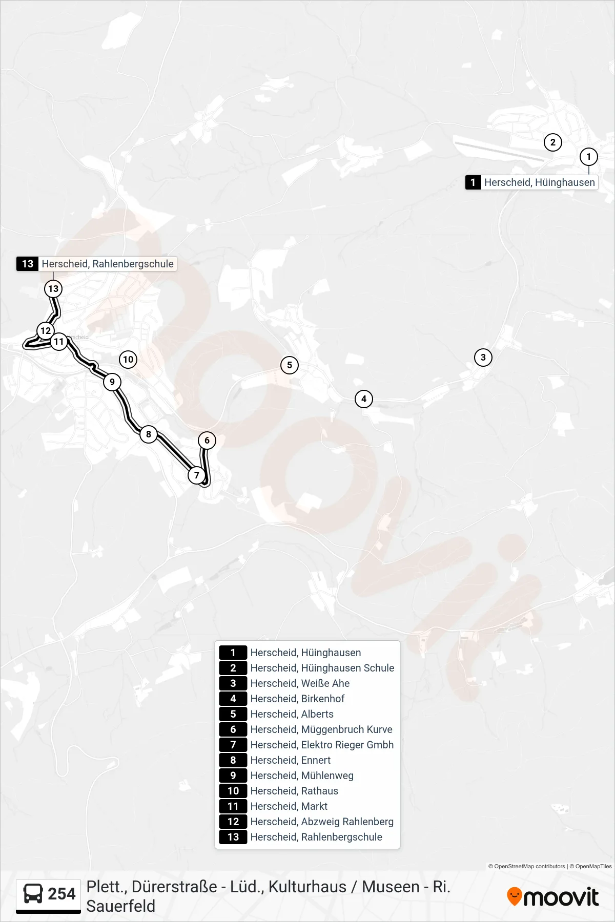 254 bus Line (Herscheid, Rahlenbergschule) route and stops on a map