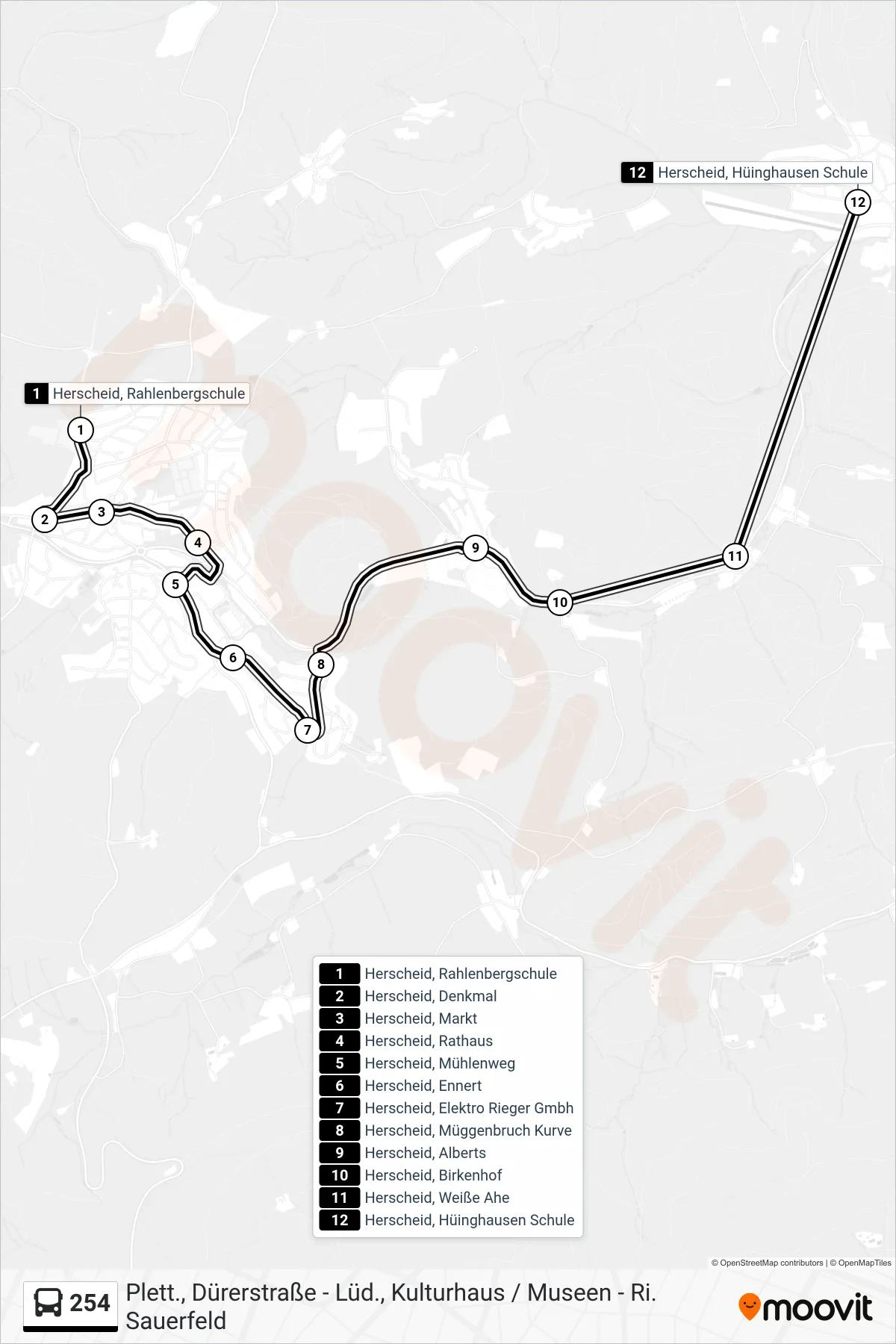 254 bus Line (Herscheid, Hüinghausen Schule) route and stops on a map