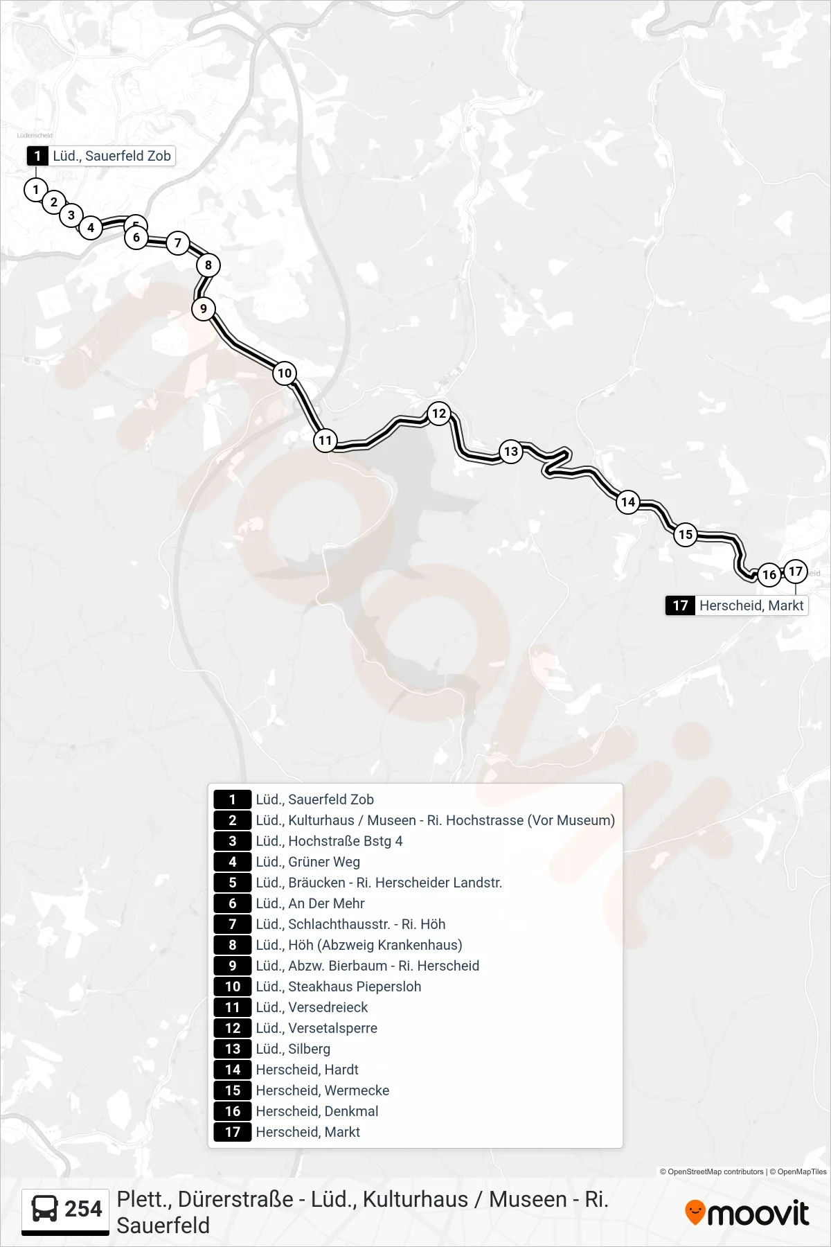 Linie 254 (Bus) Richtung Herscheid, Markt: Route und Haltestellen auf der Karte
