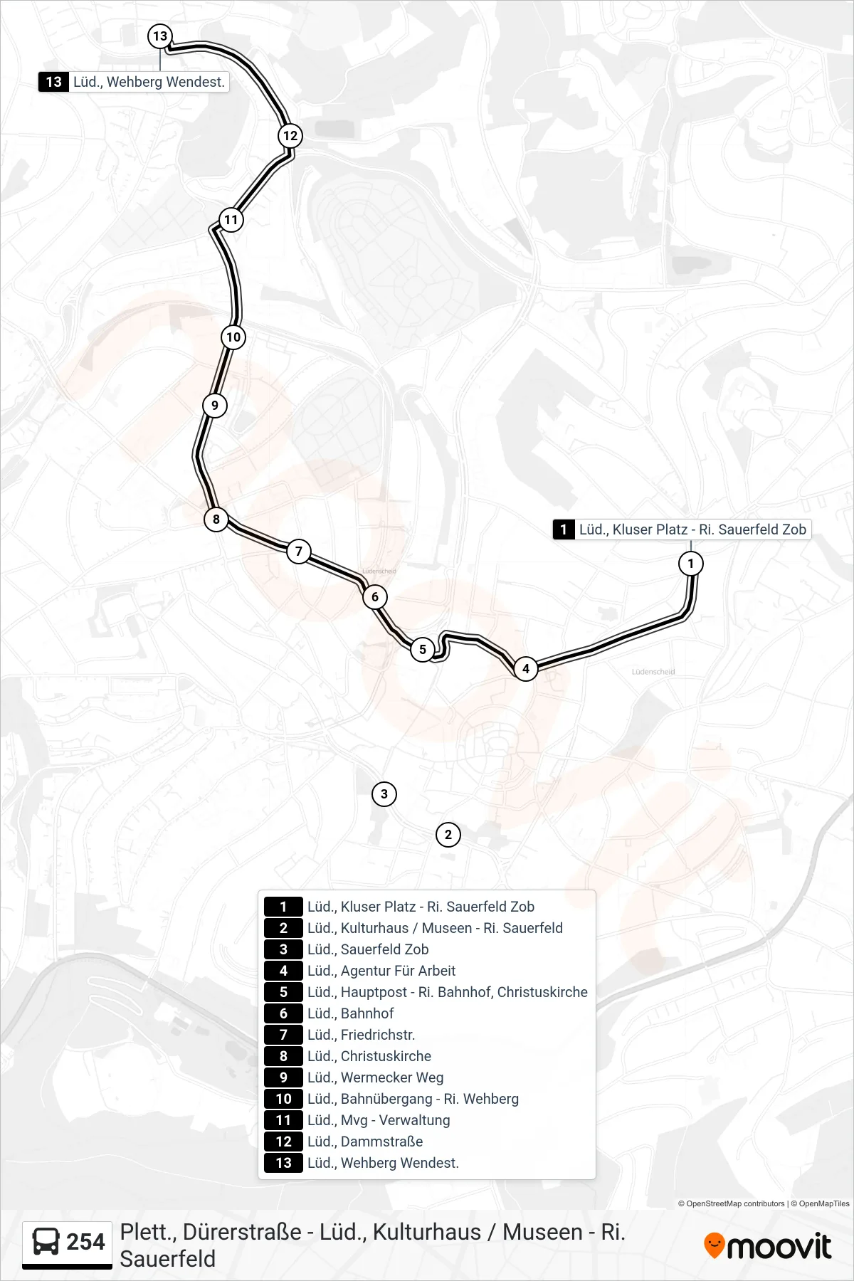 254 bus Line (Lüd., Wehberg Wendest.) route and stops on a map