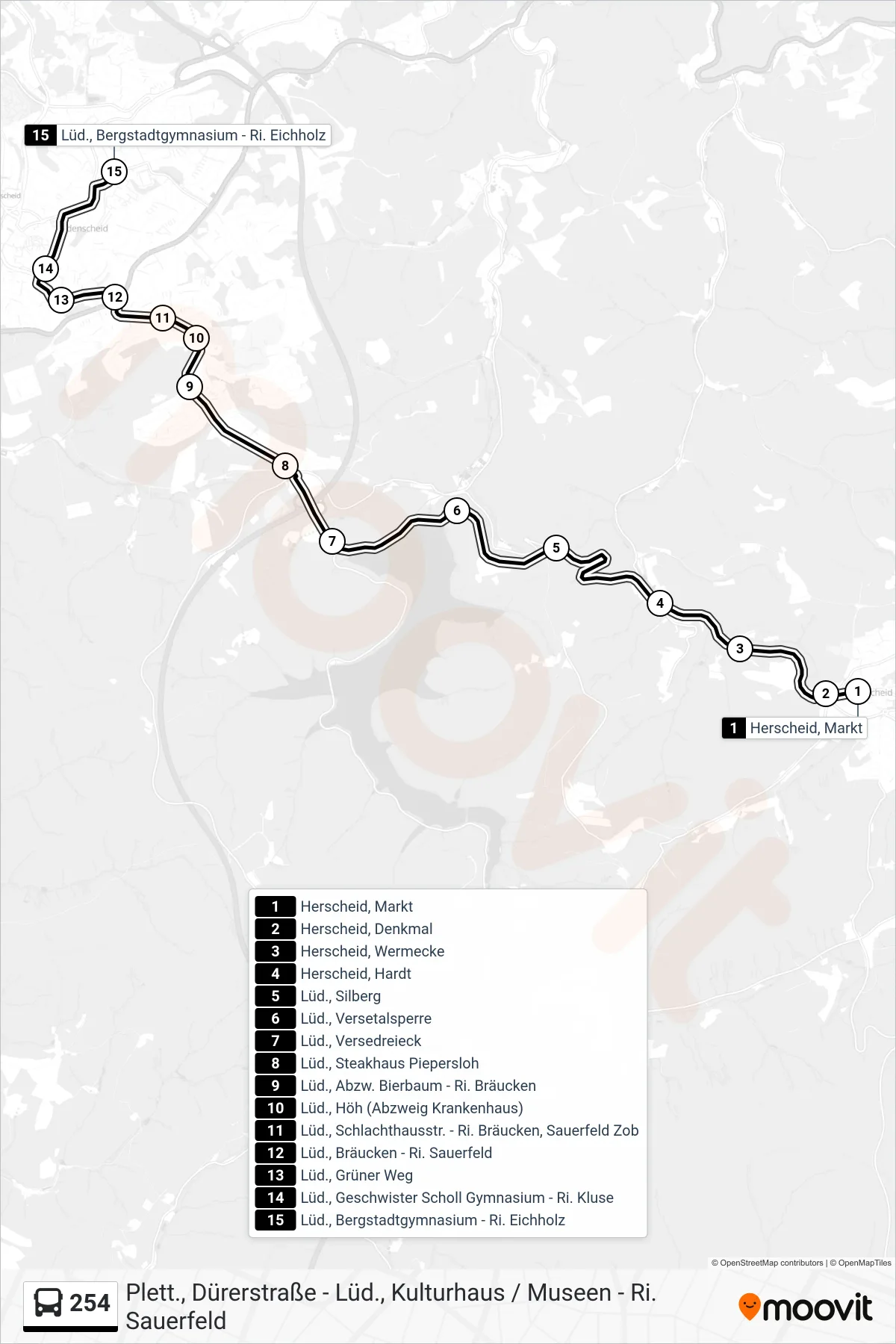 254 bus Line (Lüd., Bergstadtgymnasium - Ri. Eichholz) route and stops on a map