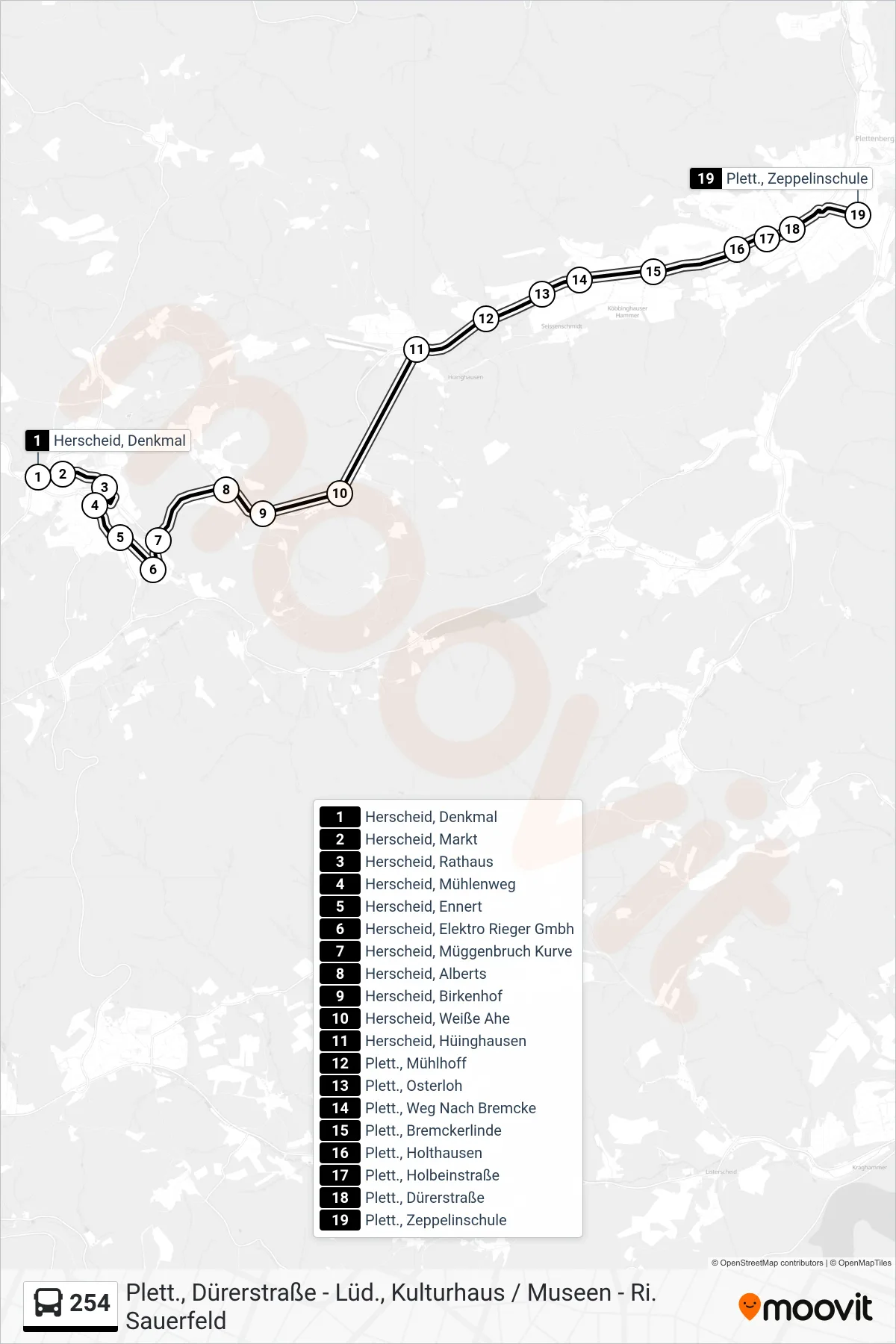 254 bus Line (Plett., Zeppelinschule) route and stops on a map