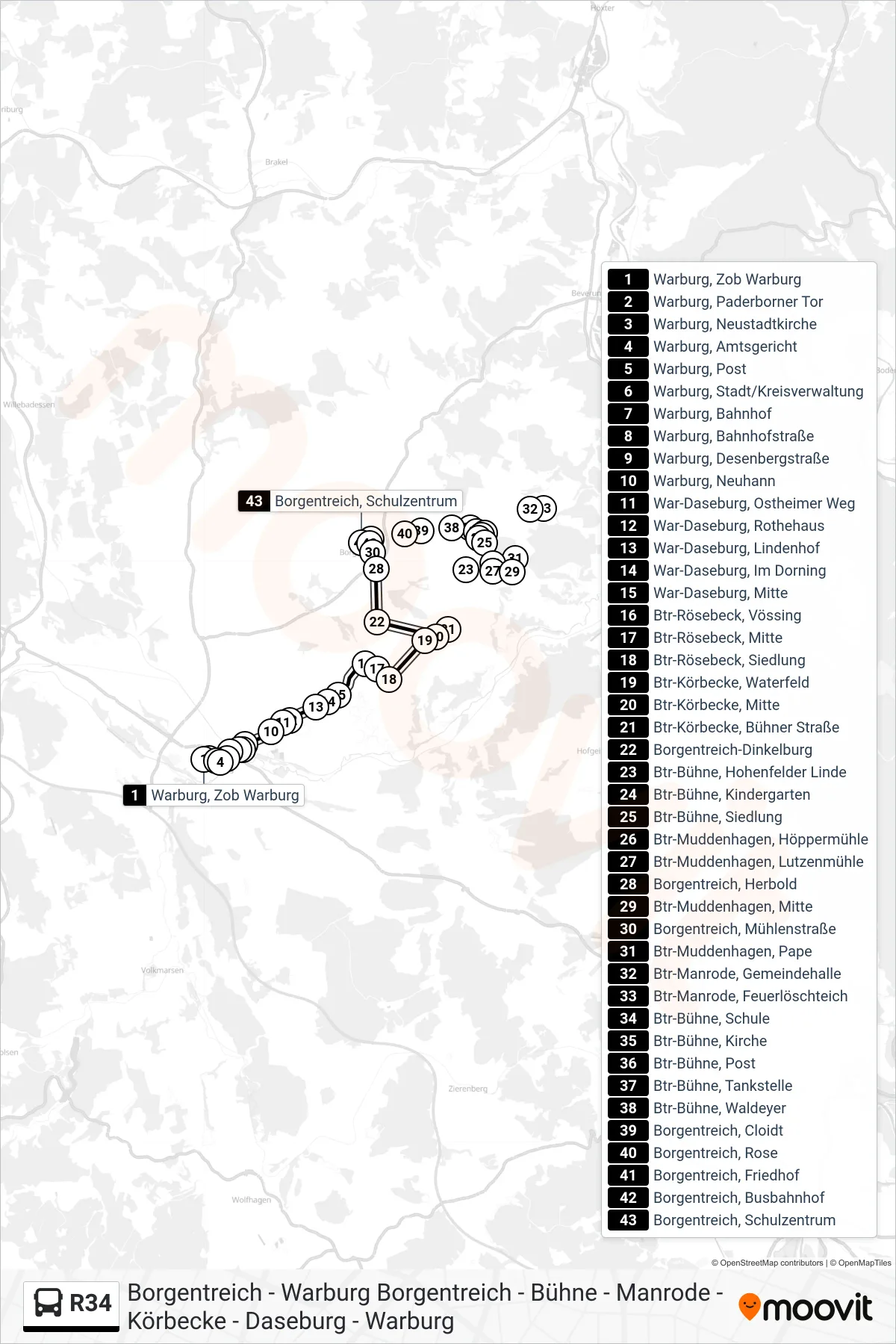 R34 bus Line (Borgentreich, Schulzentrum) route and stops on a map