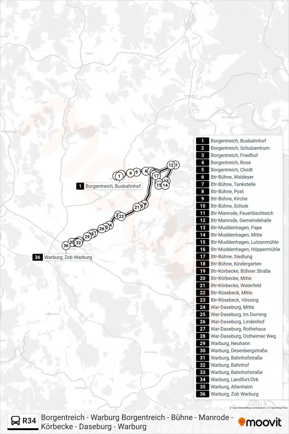 Linie R34 (Bus) Richtung Warburg, Zob Warburg Bstg 6: Route und Haltestellen auf der Karte