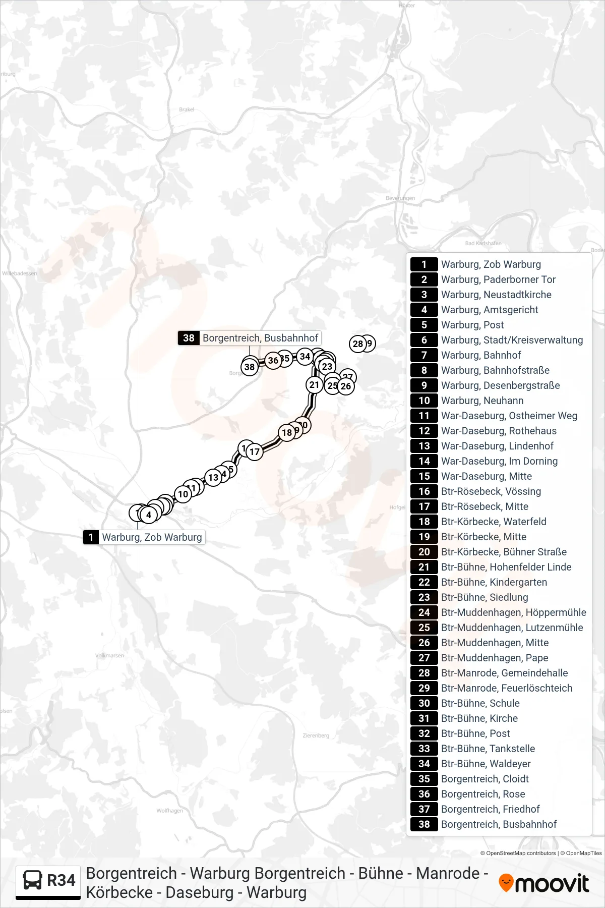 R34 bus Line (Borgentreich, Busbahnhof) route and stops on a map