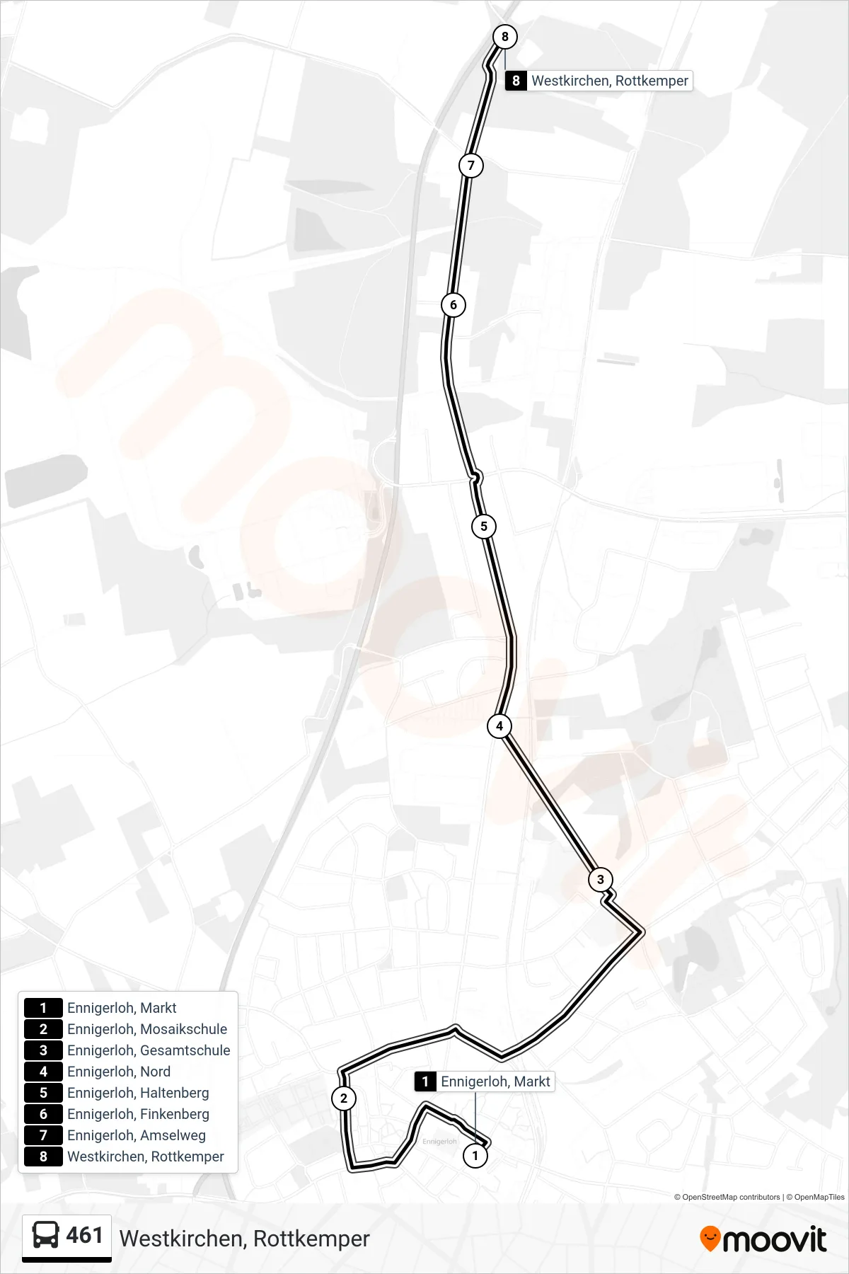 461 bus Line (Westkirchen, Rottkemper) route and stops on a map