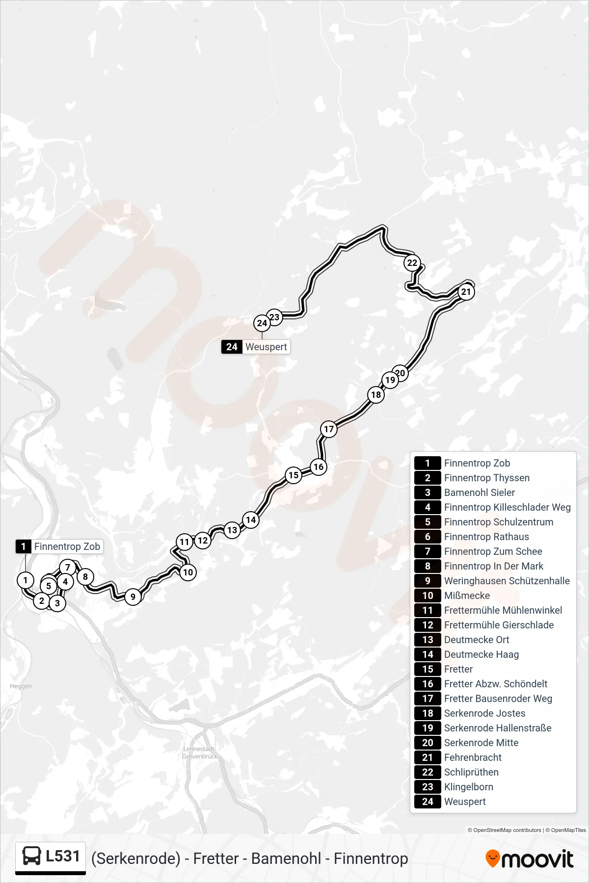 L531 bus Line (Weuspert) route and stops on a map