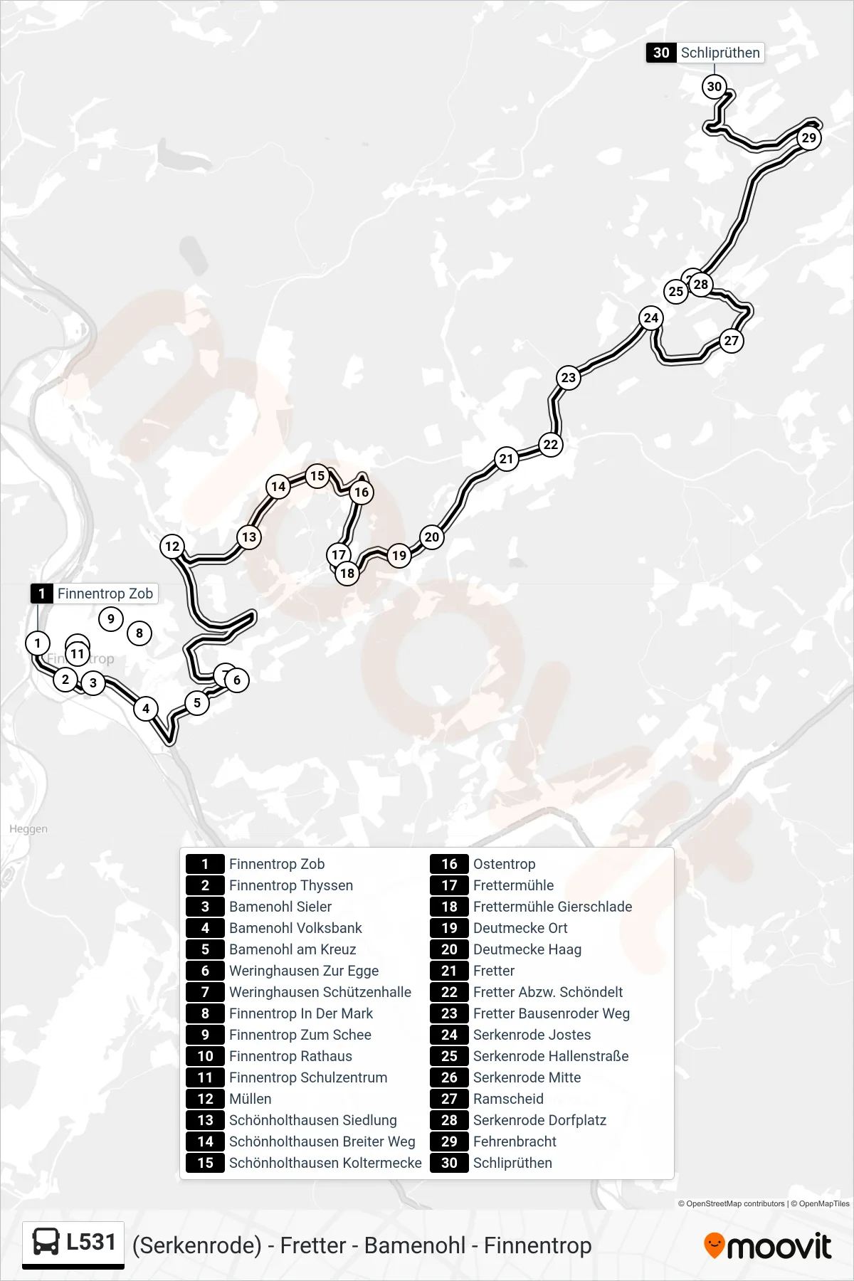 L531 bus Line (Schliprüthen) route and stops on a map