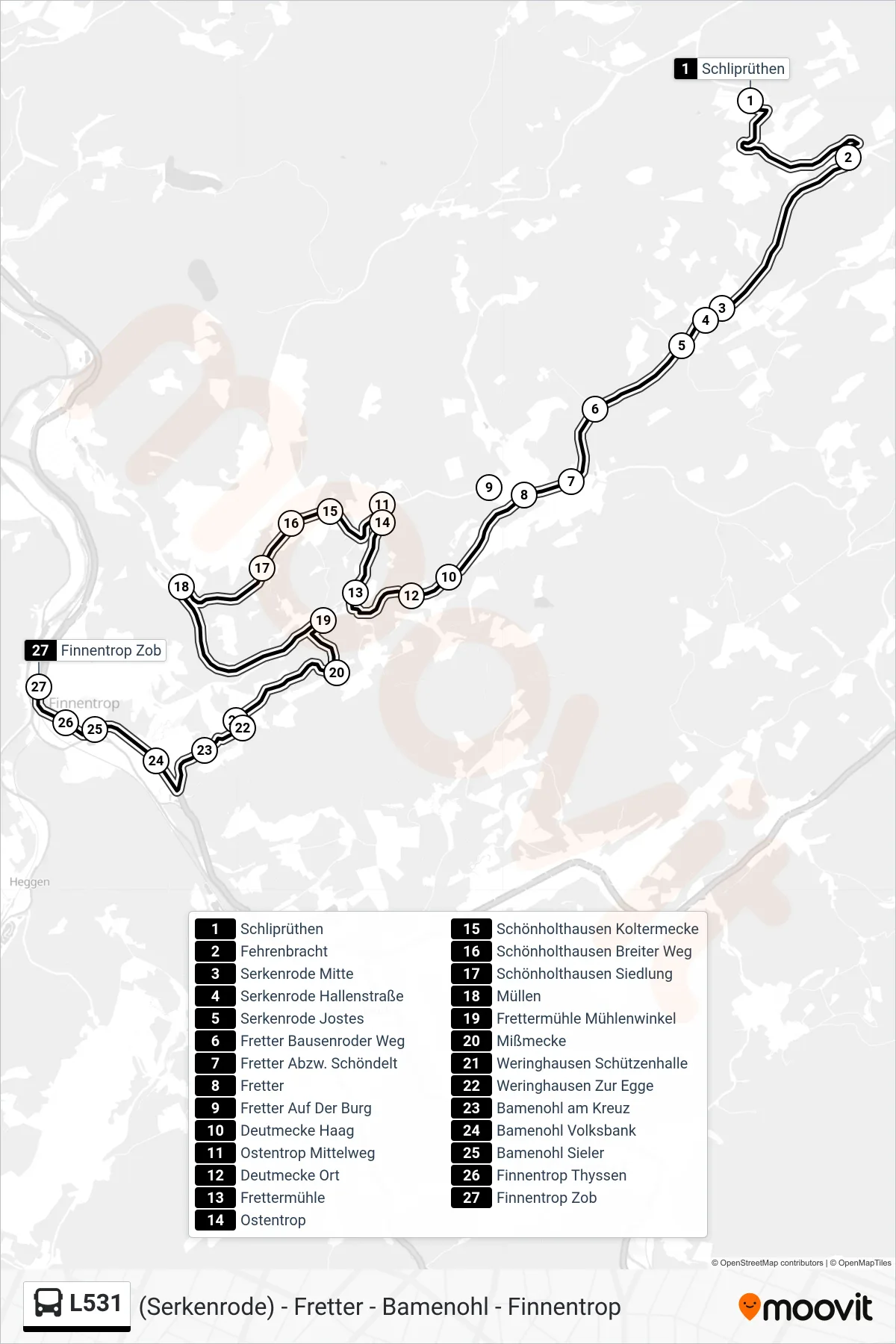 L531 bus Line (Finnentrop Zob Bstg 2) route and stops on a map