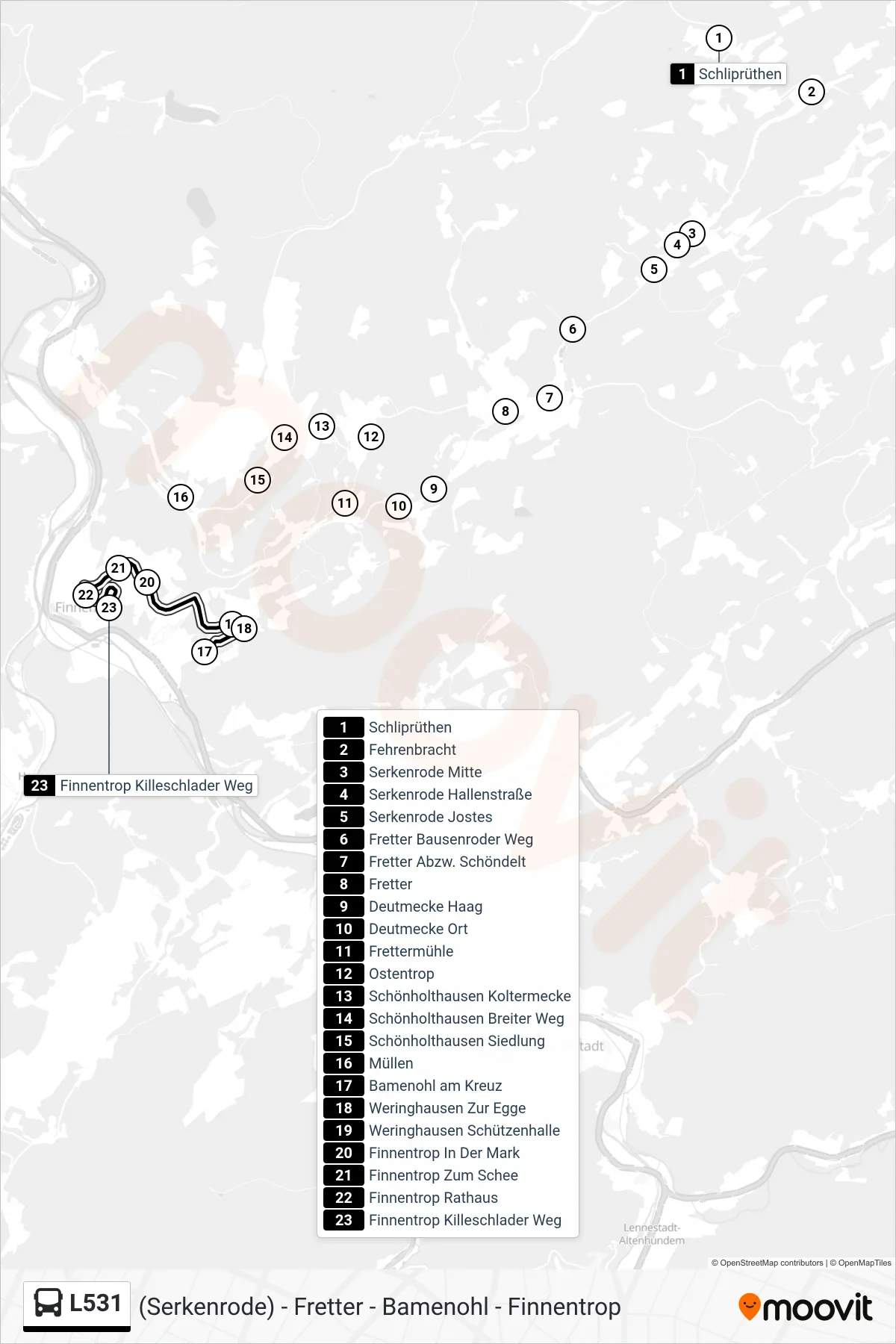 L531 bus Line (Finnentrop Killeschlader Weg) route and stops on a map