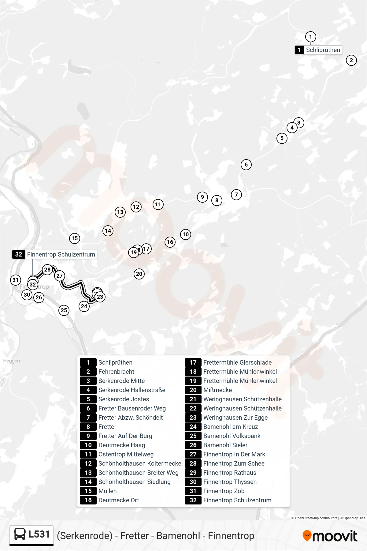 Linie L531 (Bus) Richtung Finnentrop Schulzentrum: Route und Haltestellen auf der Karte