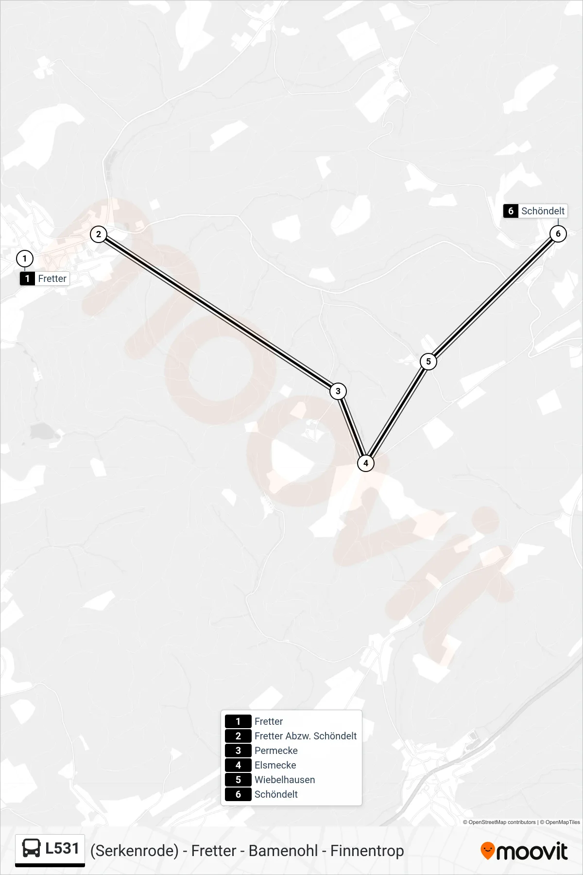 L531 bus Line (Schöndelt) route and stops on a map
