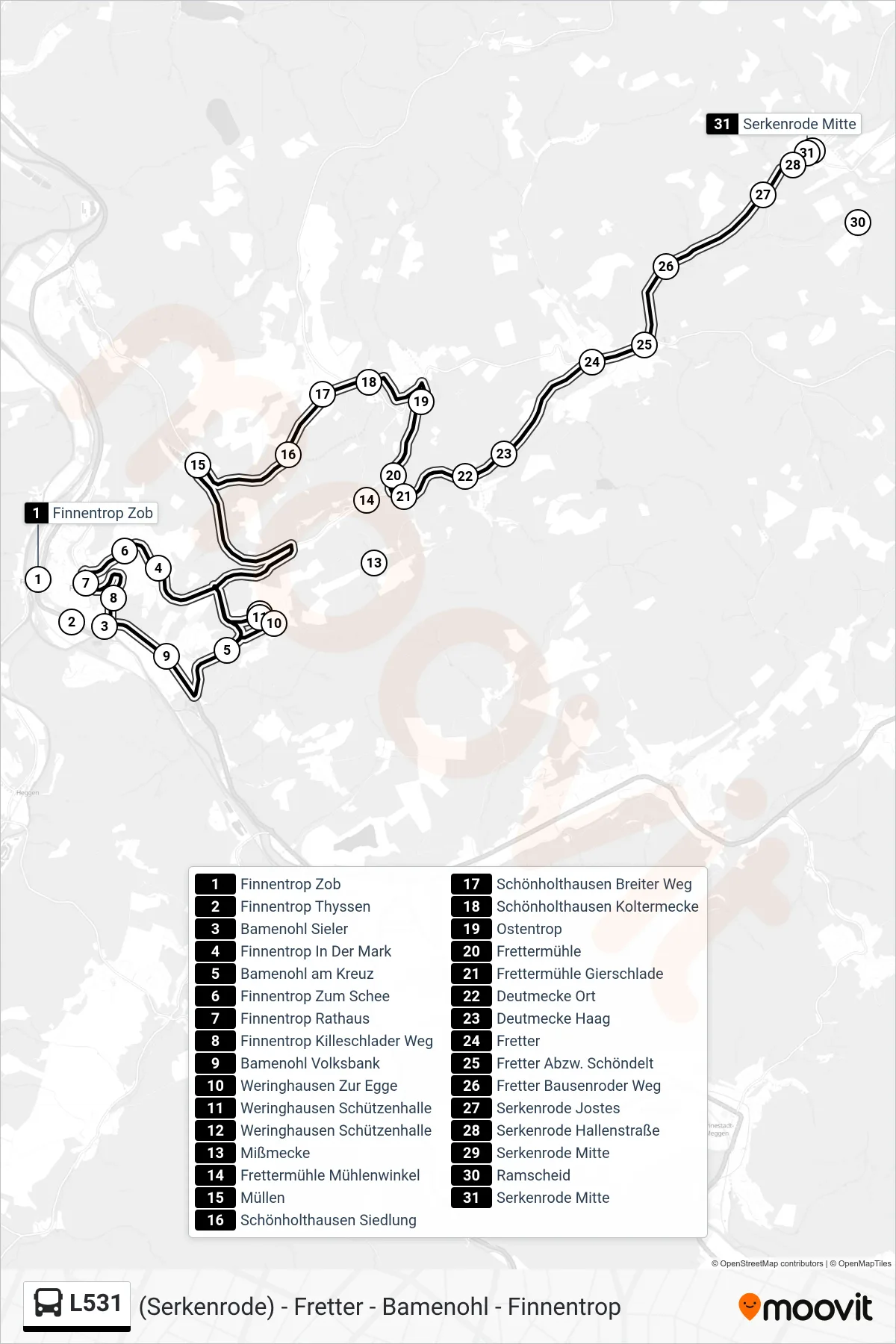 L531 bus Line (Serkenrode Mitte) route and stops on a map