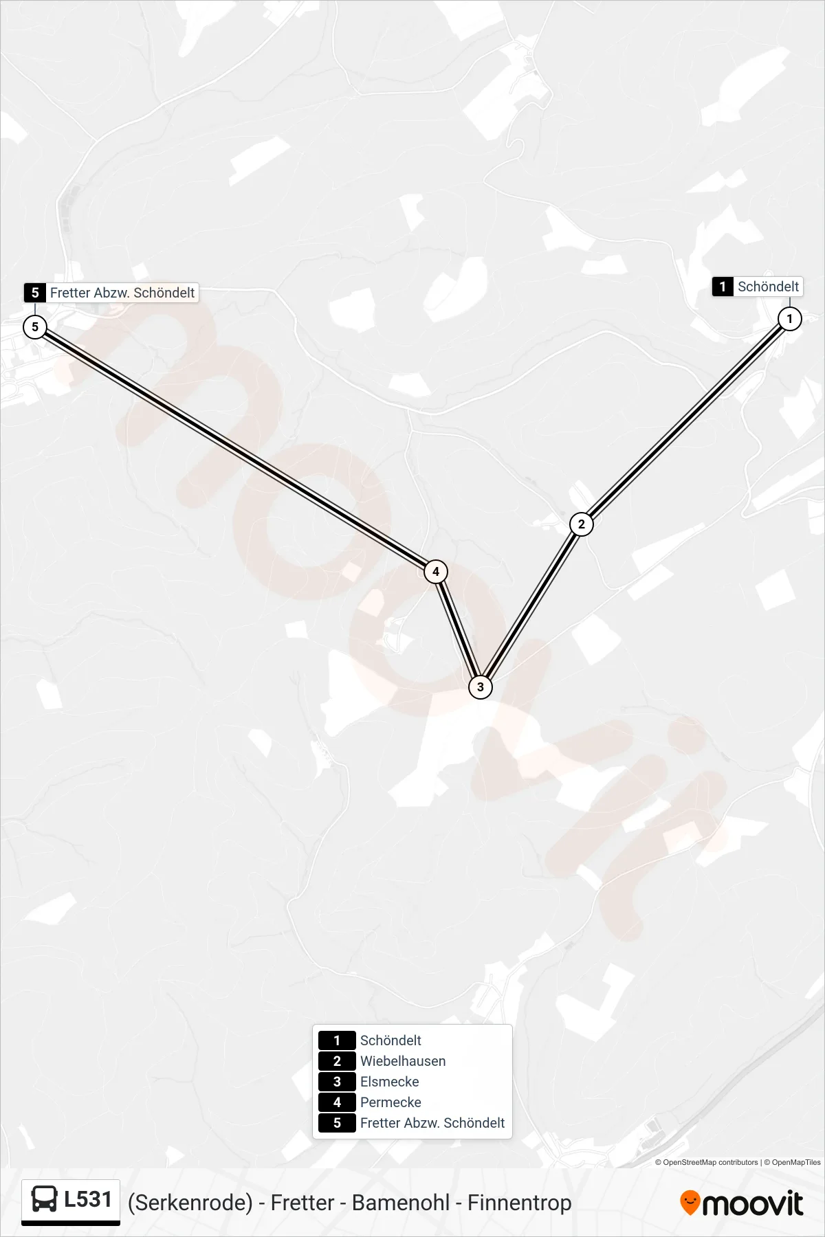 L531 bus Line (Fretter Abzw. Schöndelt) route and stops on a map