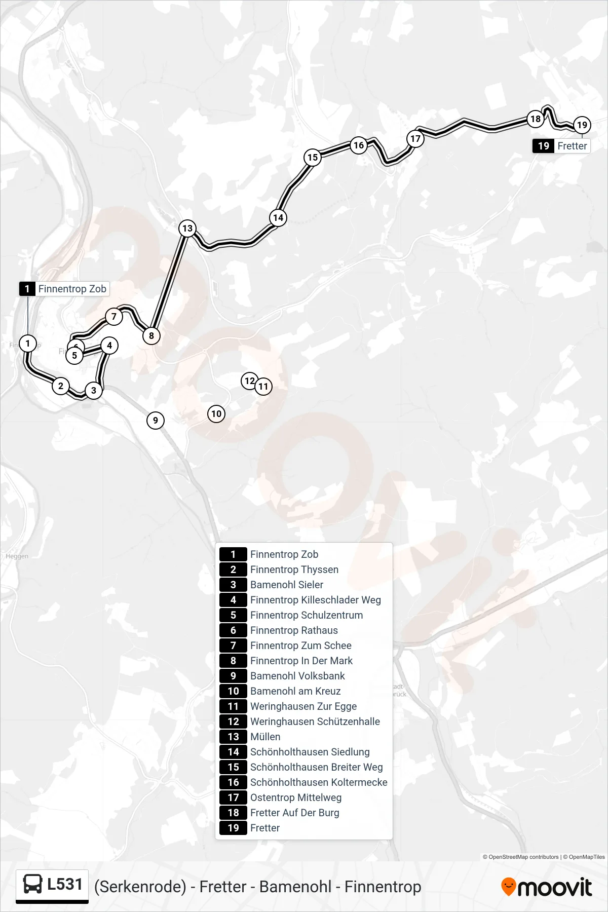 L531 bus Line (Fretter) route and stops on a map