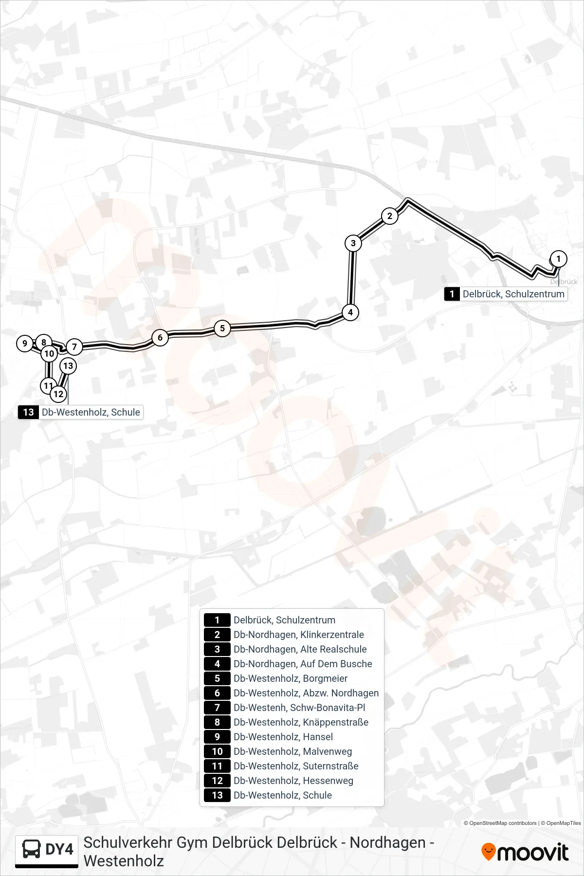 DY4 bus Line (Db-Westenholz, Schule) route and stops on a map