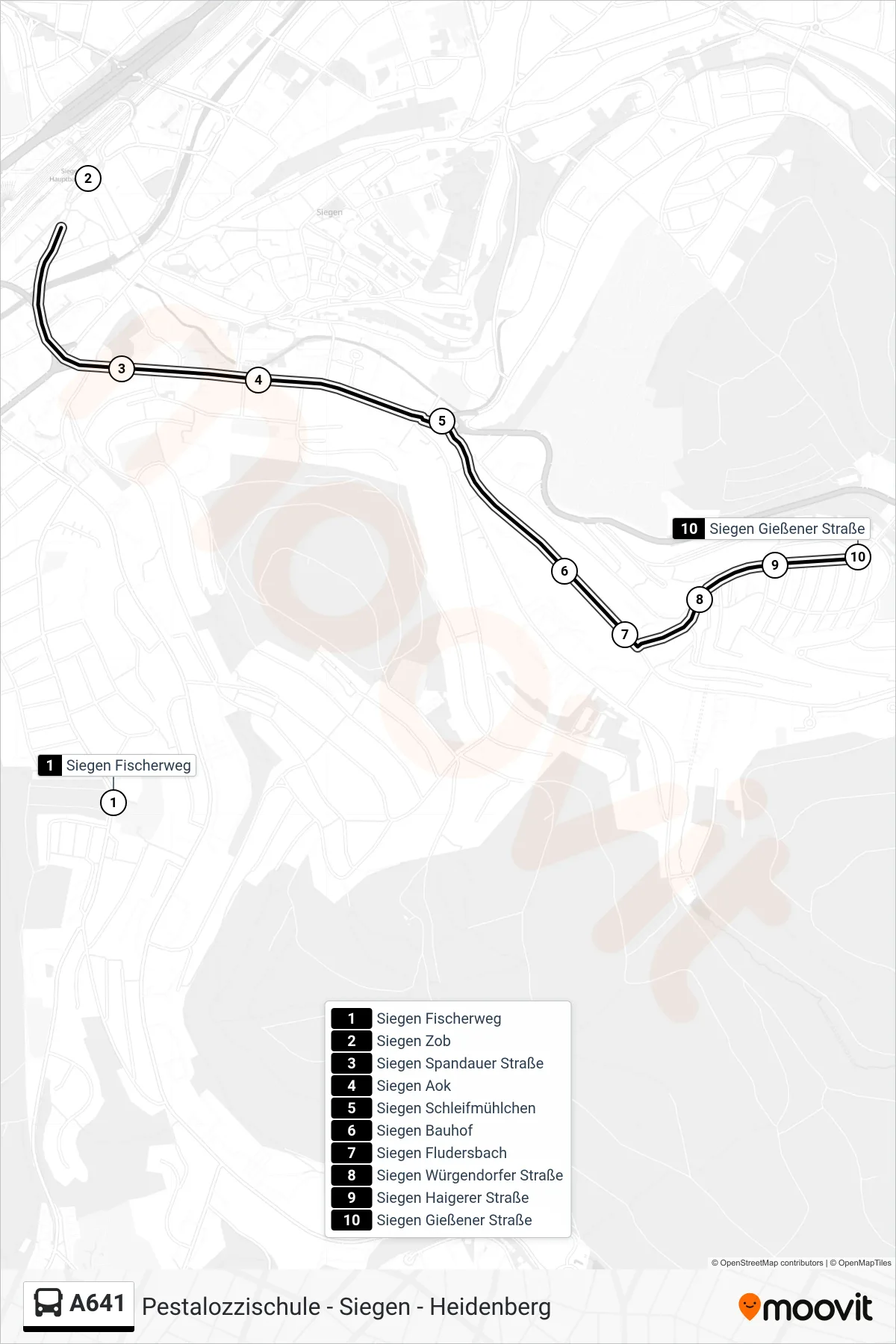 Linie A641 (Bus) Richtung Siegen Gießener Straße: Route und Haltestellen auf der Karte