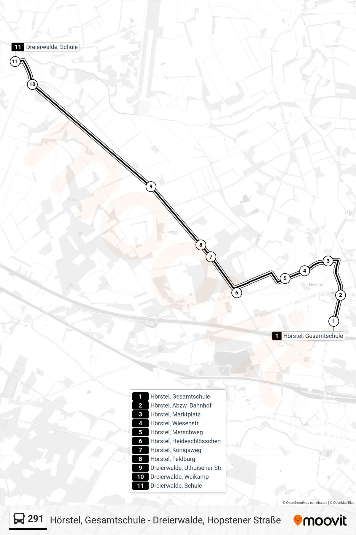 Linie 291 (Bus) Richtung Dreierwalde, Schule: Route und Haltestellen auf der Karte