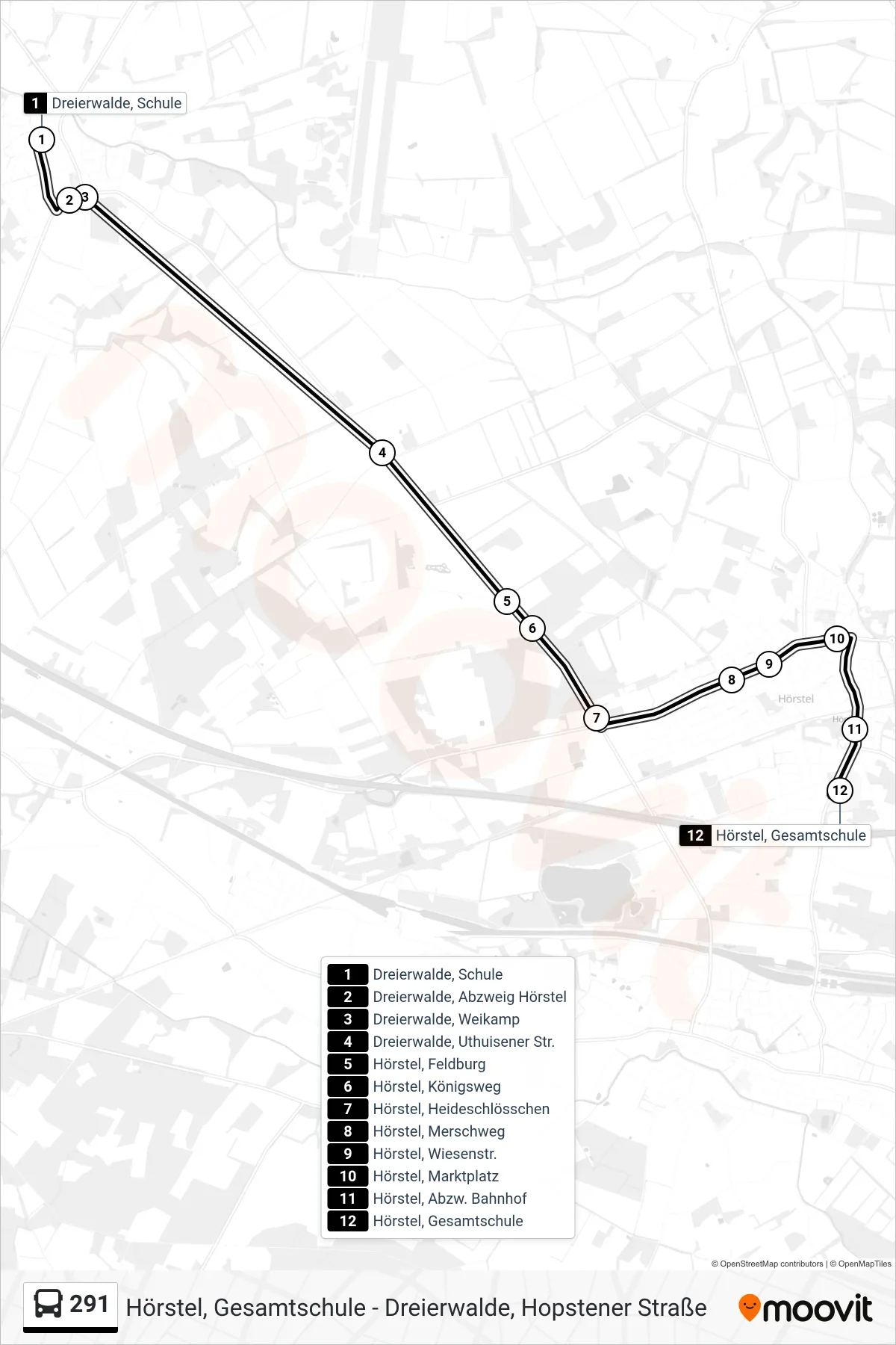 291 bus Line (Hörstel, Gesamtschule Bstg B) route and stops on a map