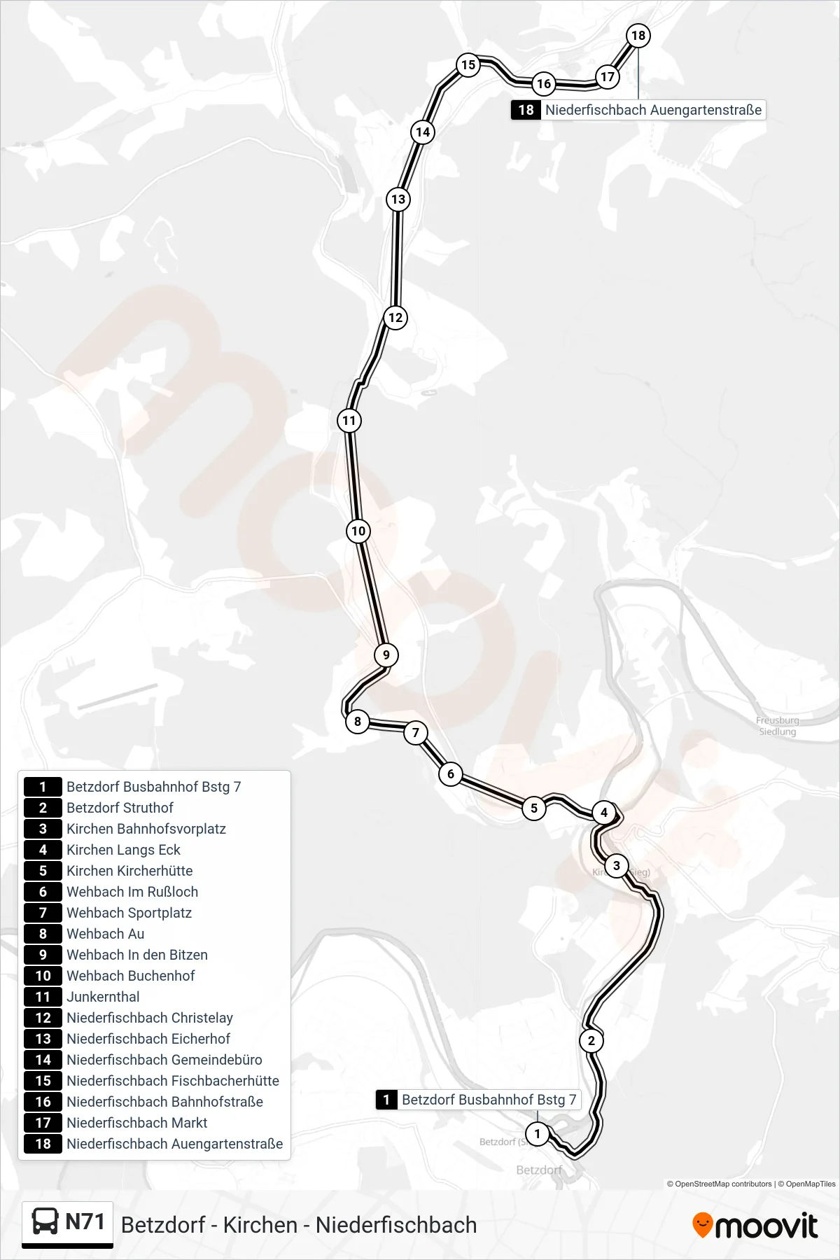 N71 bus Line (Niederfischbach Auengartenstraße) route and stops on a map