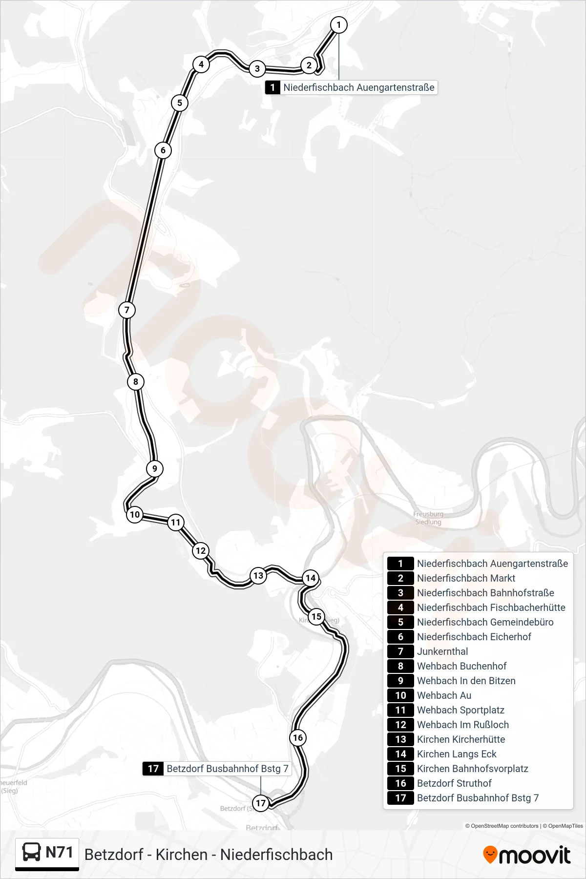 Linie N71 (Bus) Richtung Betzdorf Busbahnhof Bstg 7: Route und Haltestellen auf der Karte