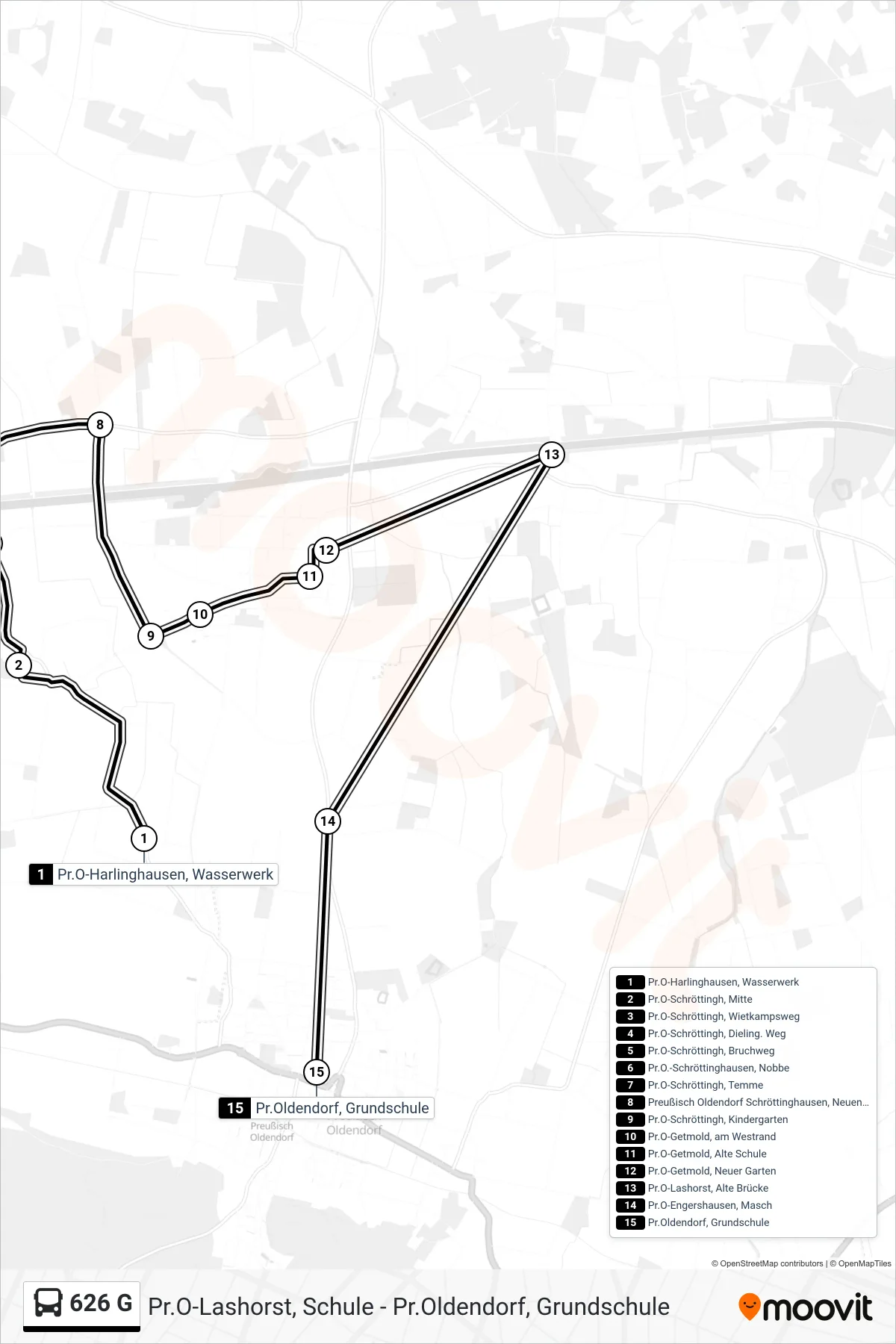 Linie 626 G (Bus) Richtung Pr. Oldendorf Grundschule: Route und Haltestellen auf der Karte