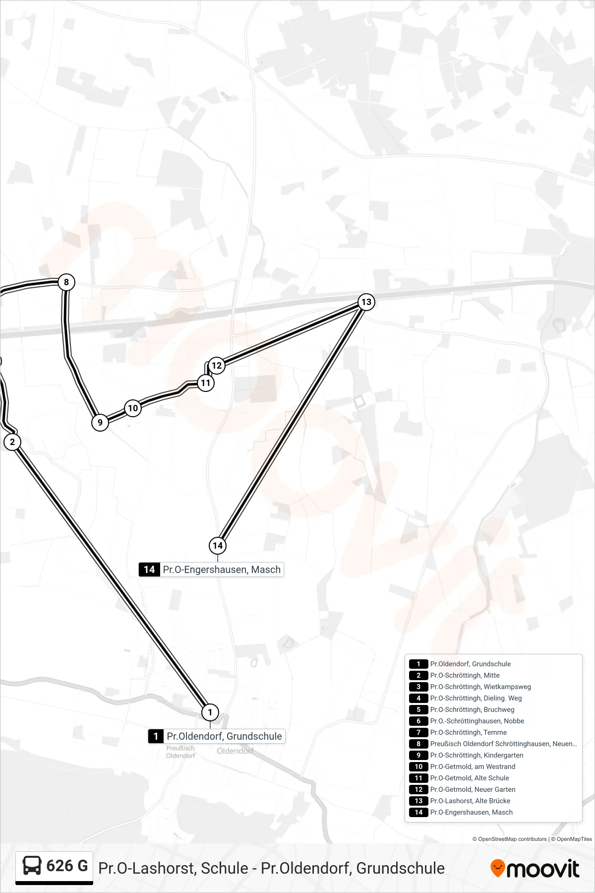 626 G bus Line (Pr. Oldendorf Grundschule) route and stops on a map
