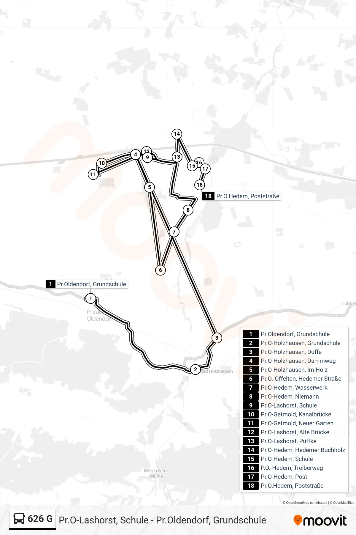 626 G bus Line (626 Hedem Poststraße) route and stops on a map