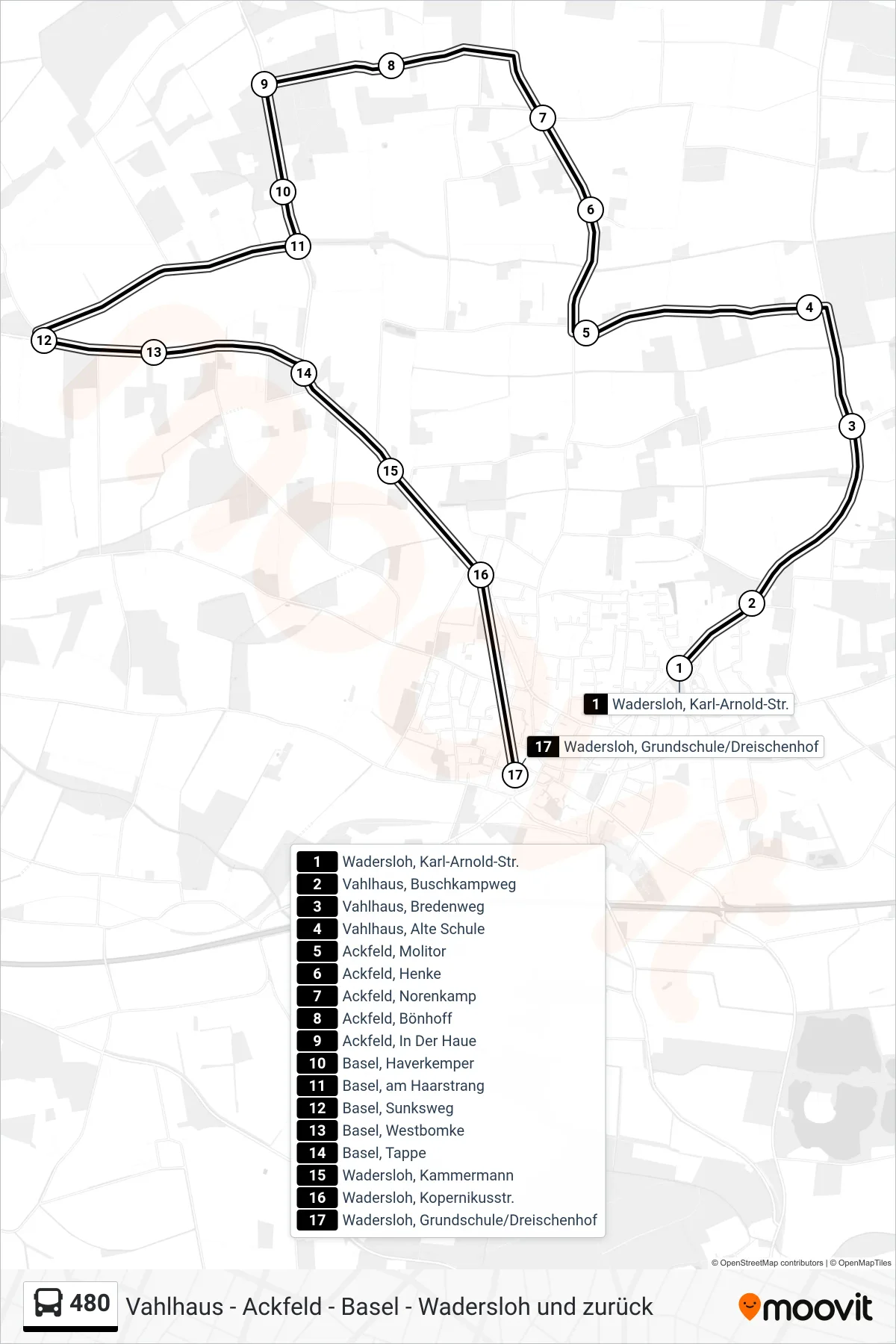 Linie 480 (Bus) Richtung Wadersloh, Grundschule/Dreischenhof: Route und Haltestellen auf der Karte