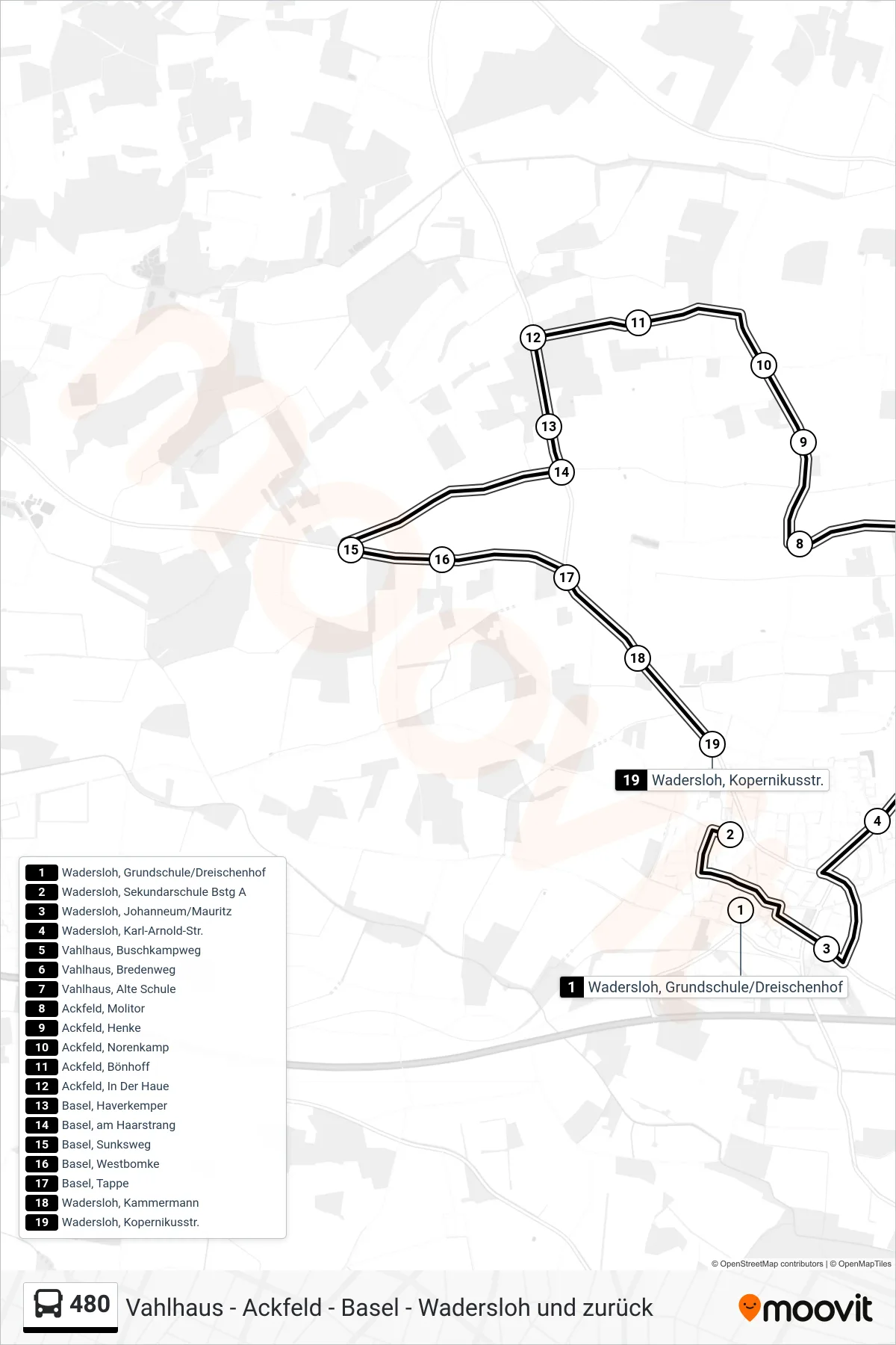 Linie 480 (Bus) Richtung Wadersloh, Kopernikusstr.: Route und Haltestellen auf der Karte